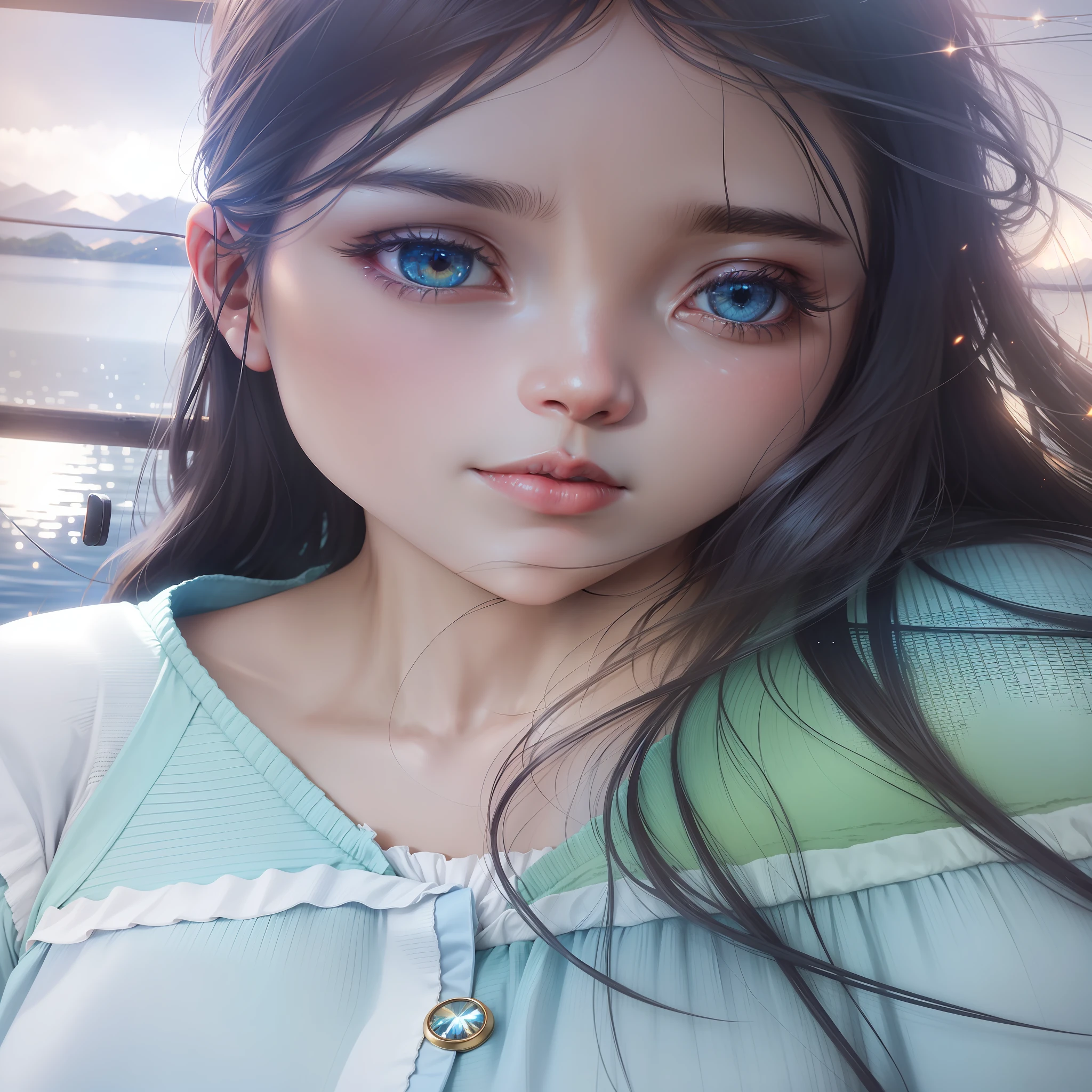 Realistic style, HDR high dynamic range, detail presentation (super detail: 1.2), movie shooting effect, the picture has vignettes, the picture is centered, showing a fresh girly feeling, the lake is like a blue gem, fingers touch fireflies, fireflies slowly fly in the air. --auto --s2