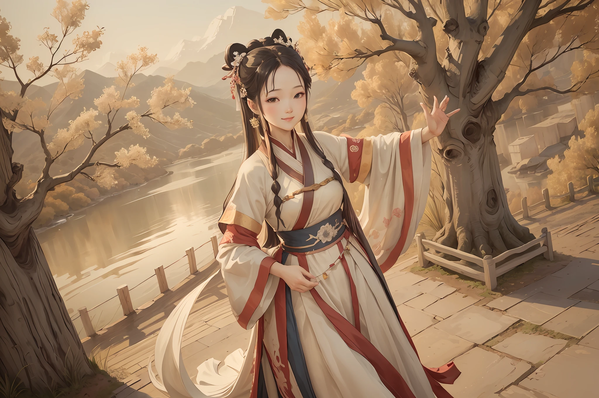 White Shuk Walking Horse, Negative Space, Sunglasses, Standing Female Statue, Willow Branch, (Masterpiece, Best Quality:1.2), Chinese Painting, Model Style, Peace, (smile), Looking at the audience, Wearing long Hanfu, Hanfu, song, willow tree in background, Wuchang Shuo, on the top of the mountain,