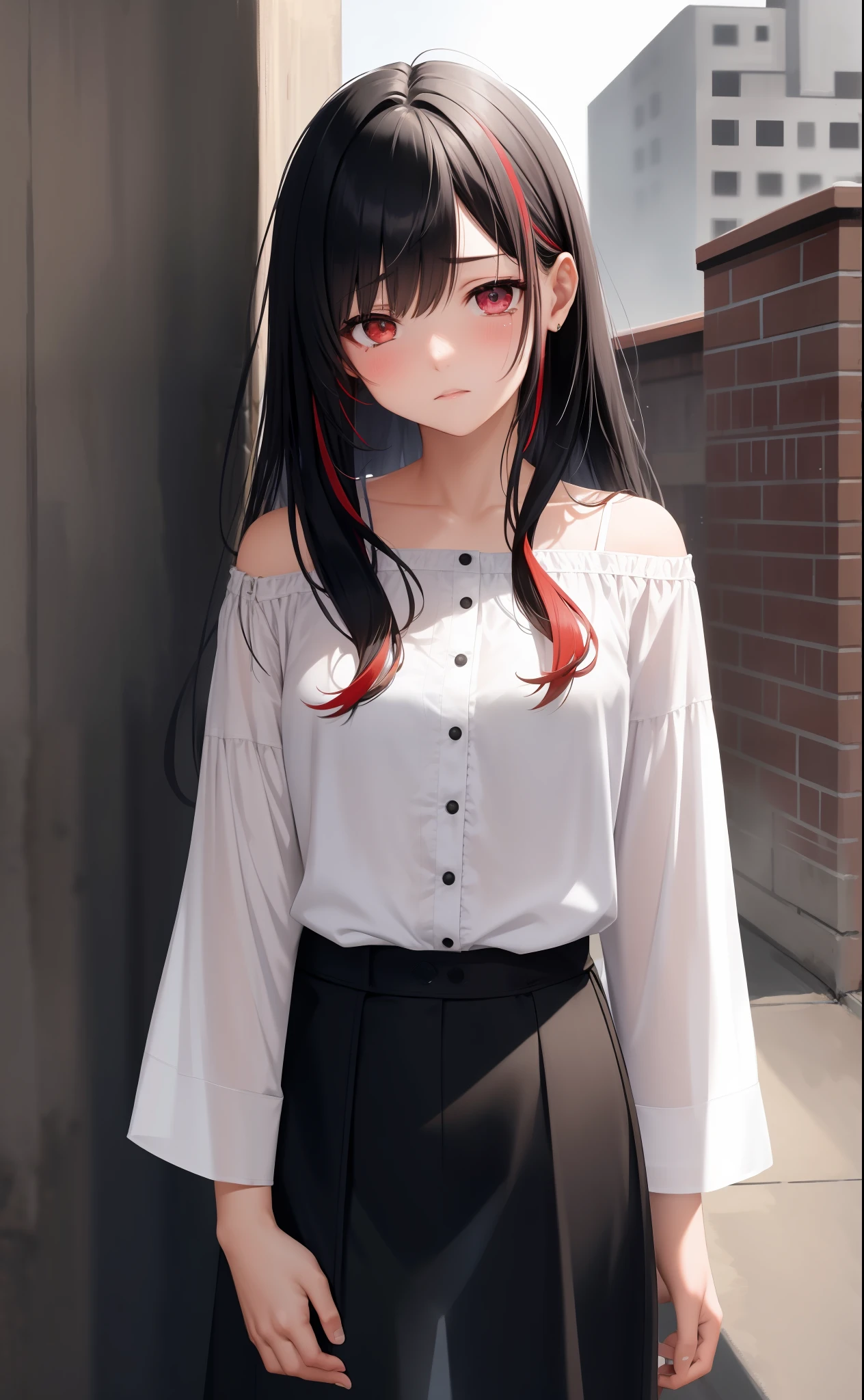 best quality, intricate details, chromatic aberration,
1girl, long hair, black hair, messy hair, red highlights, hair over one eye, red eyes, sharp eyes,
(see-through silhouette:1.2), see-through, oversized white shirt, cowboy shot, wind lift,
(oversized shirt:1.2),off shoulder,against wall, brick wall, graffiti, dim lighting, alley。a girl standing at the rooftop of a building, unhappy face, crying