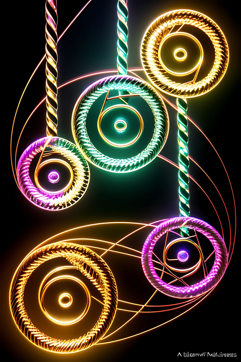 three different colored metal objects with a black background, a digital rendering by Aleksander Kotsis, deviantart, generative art, dna strands, glittering multiversal ornaments, golden ratio jewelry lights, dna helix, dna, swirly tubes, variations, space molecules, cellular structures, jewelry design, cyber copper spiral decorations
