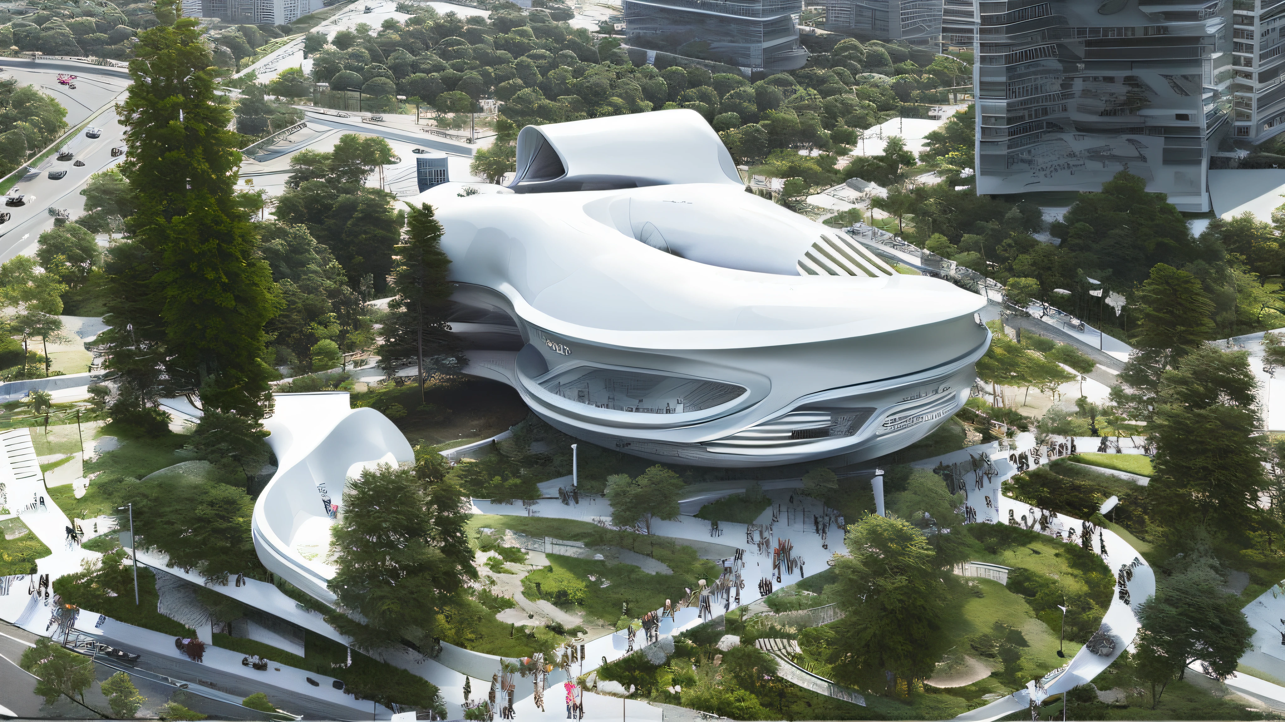 Alafid image of a large white city pavilion in the park with people, by Chasbio, photos of 2022, artistic rendering, architectural rendering", concept art 2022, digital rendering, architectural rendering, concept art. 8 K, photo rendering, futuristic utopian architecture, OC rendering, ultra-realistic materials, ultra-realistic lawn floor, ultra-detailed white pavilion themed renderings.
