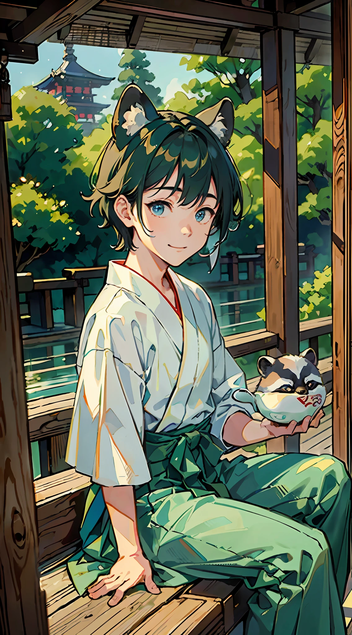 ((Masterpiece: 1.4, best quality)), one boy, green and short hair and eyes, (Japan priesthood, white and light blue hakama: 1.3), gentle smile, raccoon dog ears and tail, sitting on the porch and drinking tea, the background is a temple in Kyoto.
