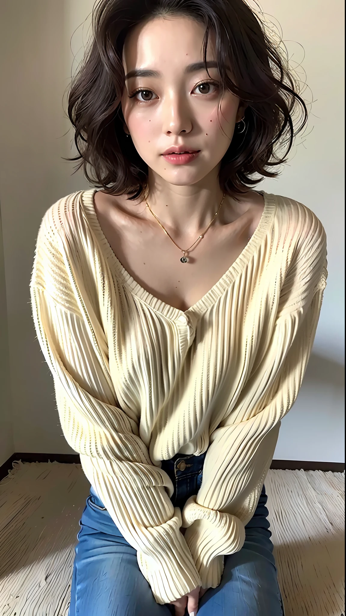 (Best quality, 8k, 32k, masterpiece, UHD: 1.2), photo beautiful Japanese woman, room, exquisite facial features, perfect figure, curly hair short hair, full body photo, oversized_sweater, necklace, simple background, from above, looking at the viewer,