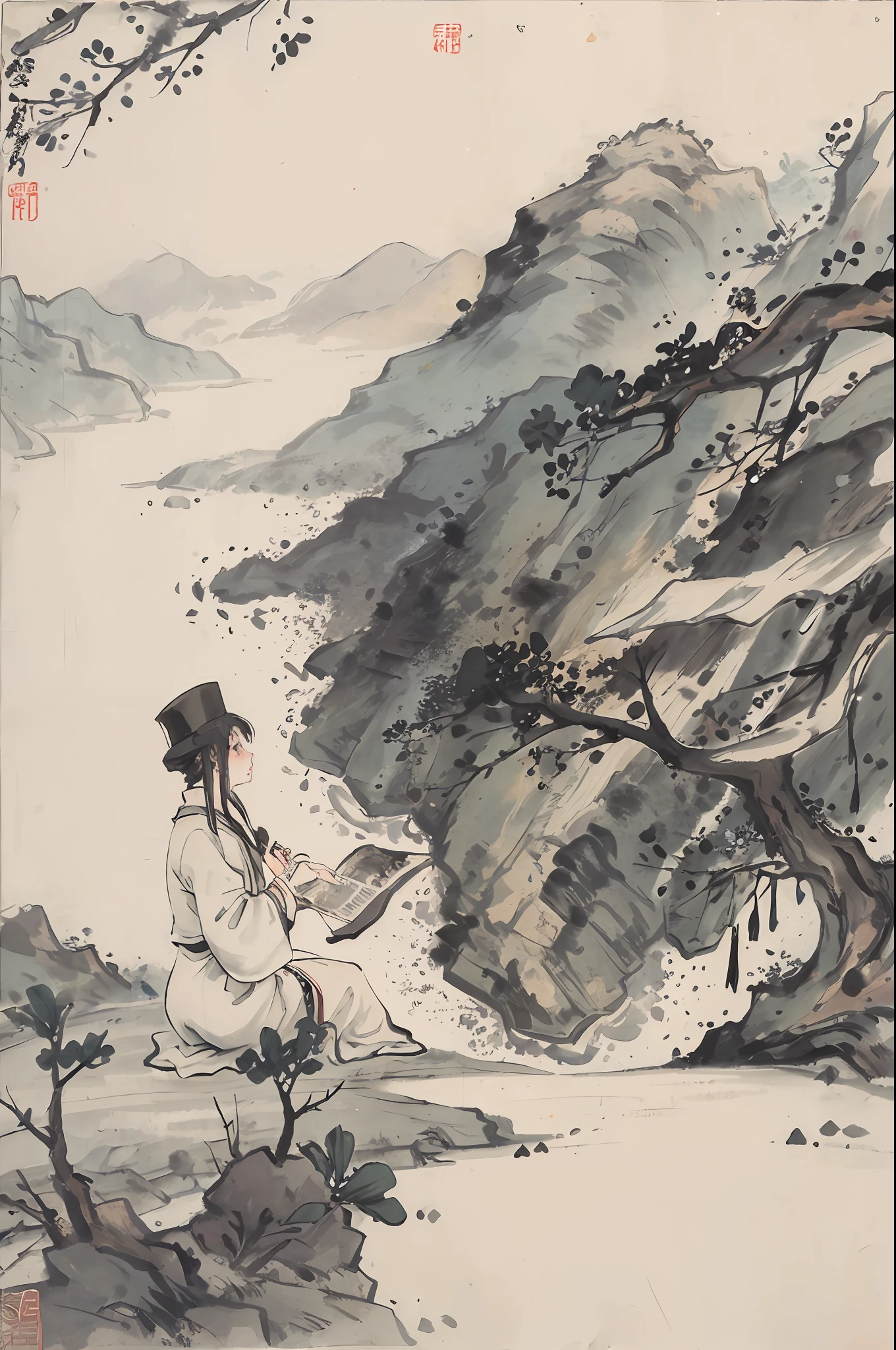 (Masterpiece, best quality: 1.2), traditional Chinese ink painting, green mountains, simple composition, two people sitting opposite each other