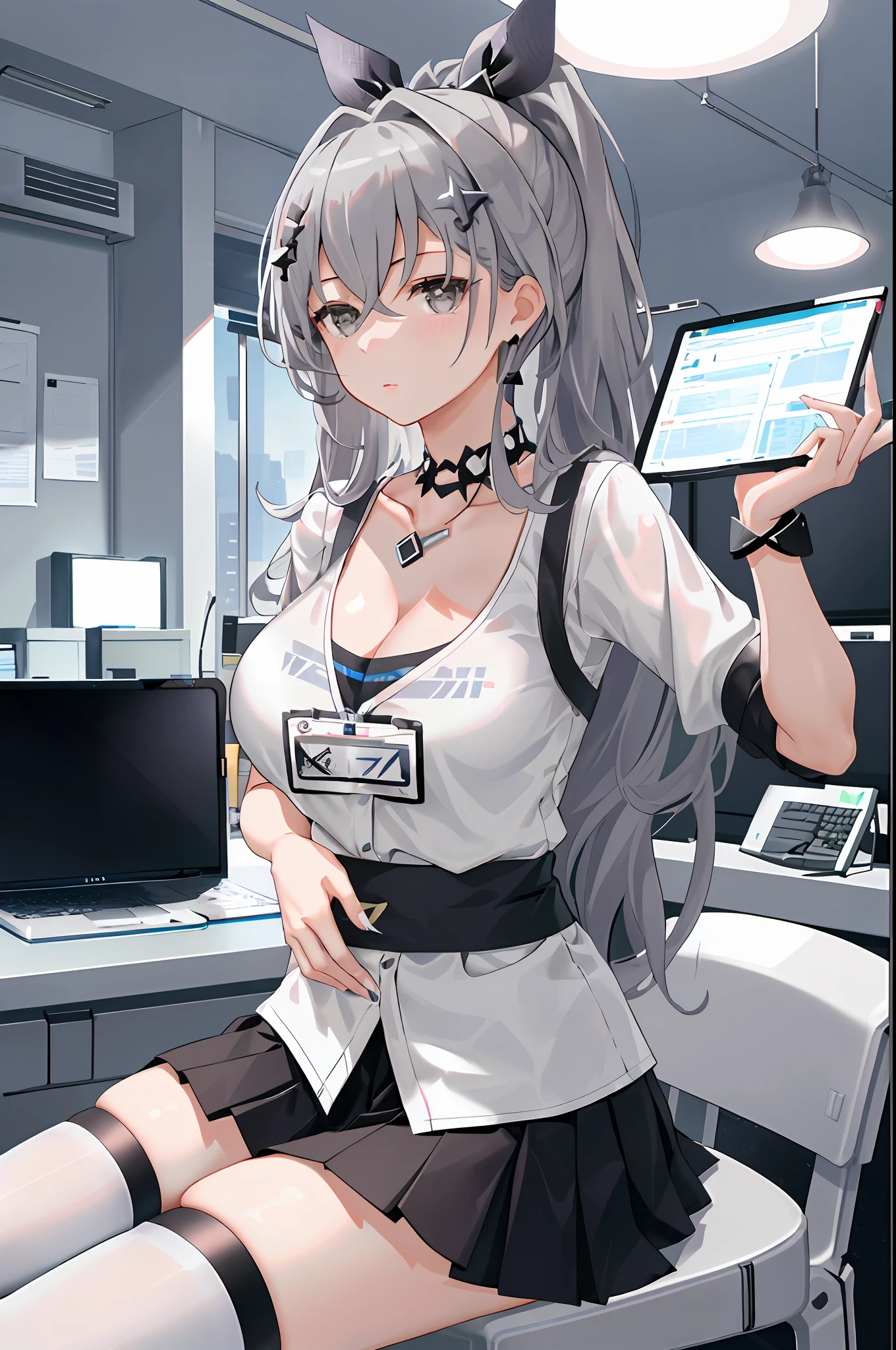 Silver wolf, honkai star rail, 1girl, solo, ((white shirt)), black thighhighs, breasts, cleavage, uniform, office background, black skirt, pleated skirt, office, hair between eyes, hair ornament, large breasts, long hair, looking at viewer, silver short nails, grey eyes, solo, thighhighs, thighs, ((masterpiece)), sitting, chair, desk, computer on desk, name tag, id tag, indoor, blush, sexy pose, hands behind, ((office top)),