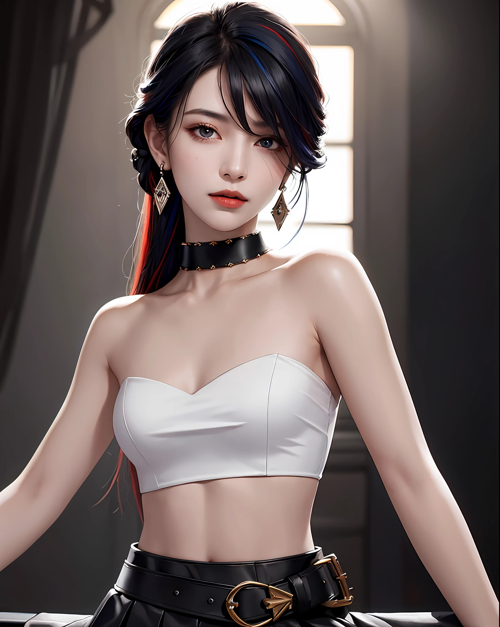 (masterpiece, best quality, 1girl, solo, fine detail, chromatic aberration), (realistic), (skin), ((breath)), (black hair, blut bliang), detailed hair, red head ornament, blue highlights, hair in one eye, black eye, small earrings, Sharp eyes, choker, ((black cut leather top)), (black skirt), (belt), bare waist, (symmetrical eyes), (perfectly symmetrical body), night, ((natural light))), backlit, against gray walls, dim light, looking at the audience, ((centered shot, seen from the front, (face and waist)