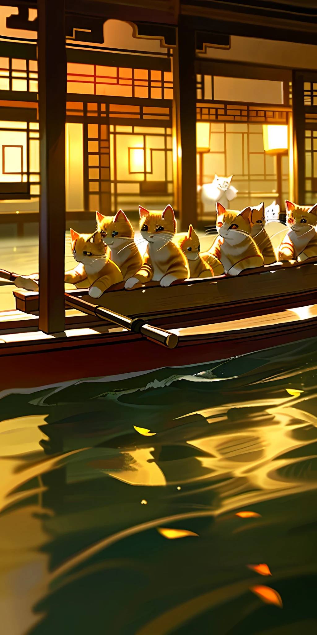 (Masterpiece, best quality), a group of golden tabby kittens rowing in a Chinese-style courtyard, kittens rowing hard, warm lights, blurred foreground