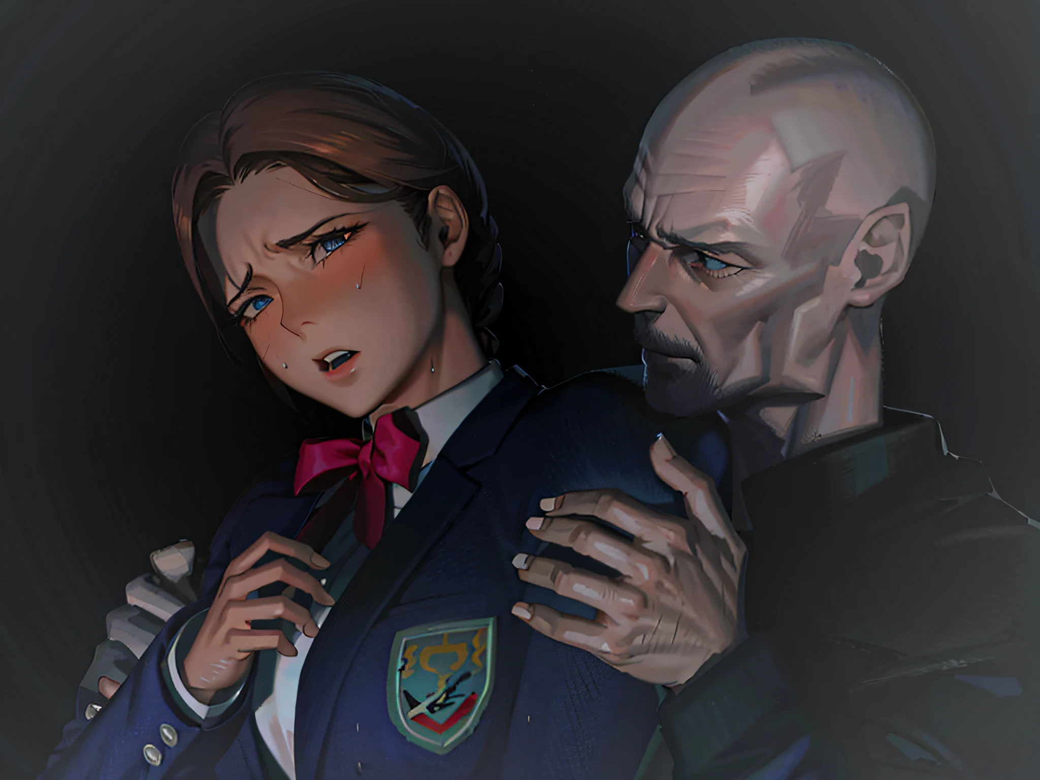 (frightened look, surprised), Maryms, Top Quality, (Beauty), 1girl, Physically Based Rendering, Ultra High Resolution, (Black Hair Longhaired, Braid: 1.5), Narrow Waist, Skinny, Leonam, Muscular, Sweaty, Big Blue Eyes, Long Legs, Jeans, Leather Belt, Small Breasts, Puffy Eyes, Leather Belt, (Rain City), Glossy Skin, Facing People, Winning Posture,