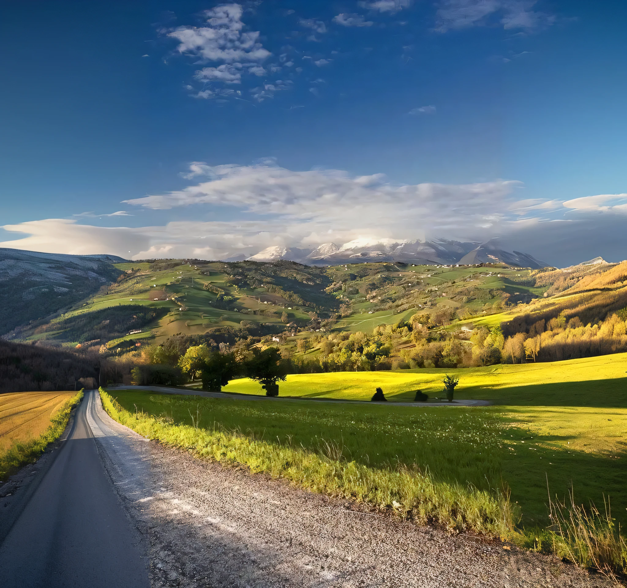 a view of a road with a mountain in the distance, snowy apennines, hills in the background, very very beautiful scenery, southern european scenery, very very very beautiful scenery, very beautiful scenery, countryside, country landscape, lovely valley, the most beautiful landscape, amazing landscape in background, felucia landscape, hills and mountains, italy