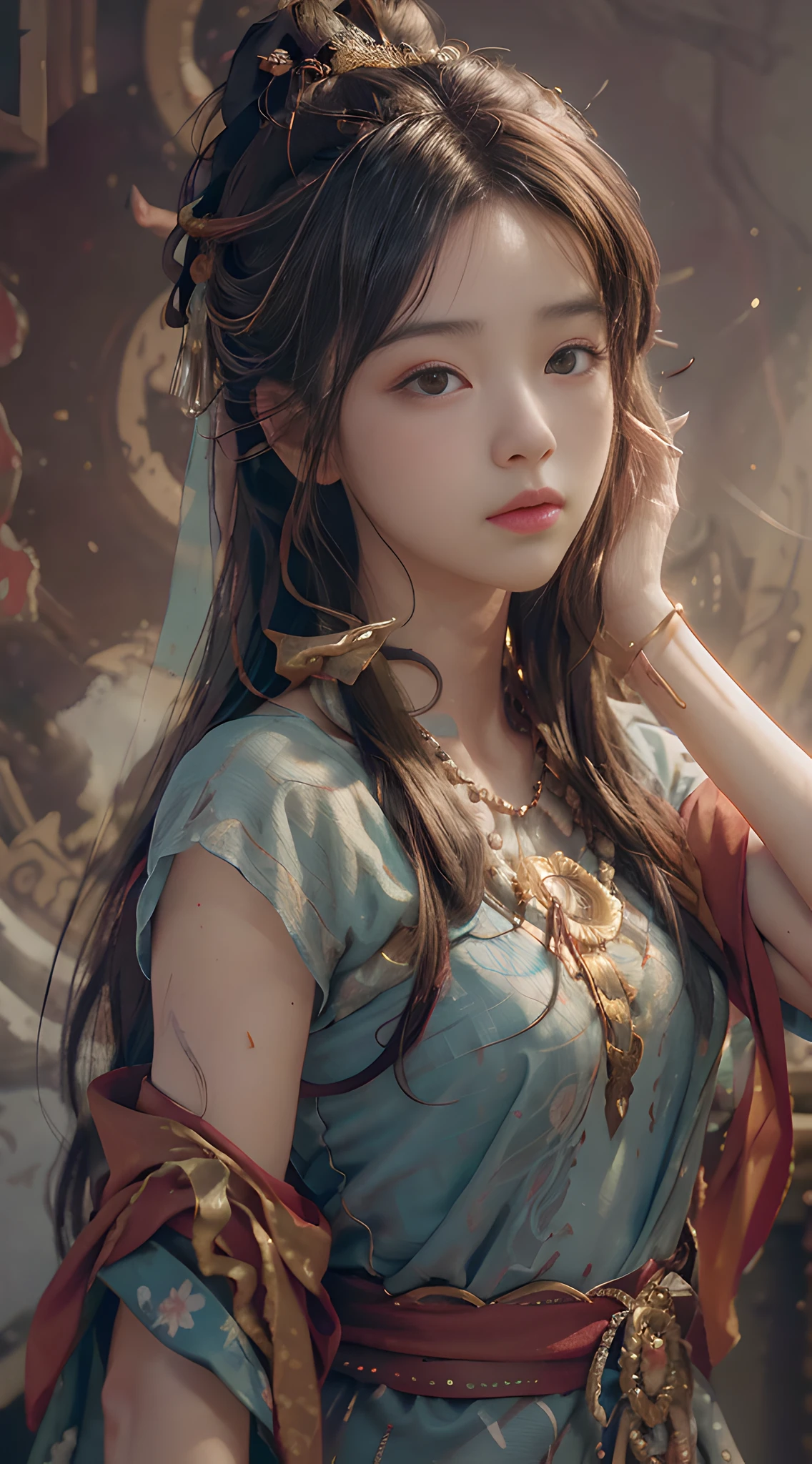 (RAW photo, best quality), (realistic, photo-realistic:1.3),best quality,highly detailed,masterpiece,ultra-detailed,illustration,1girl,upper_body,dynamic angle,world masterpiece theater,messy_long_hair,best quality,extremely detailed CG unity 8k wallpaper,ink,Amazing,cinematic lighting,lens_flare, dunhuang_style