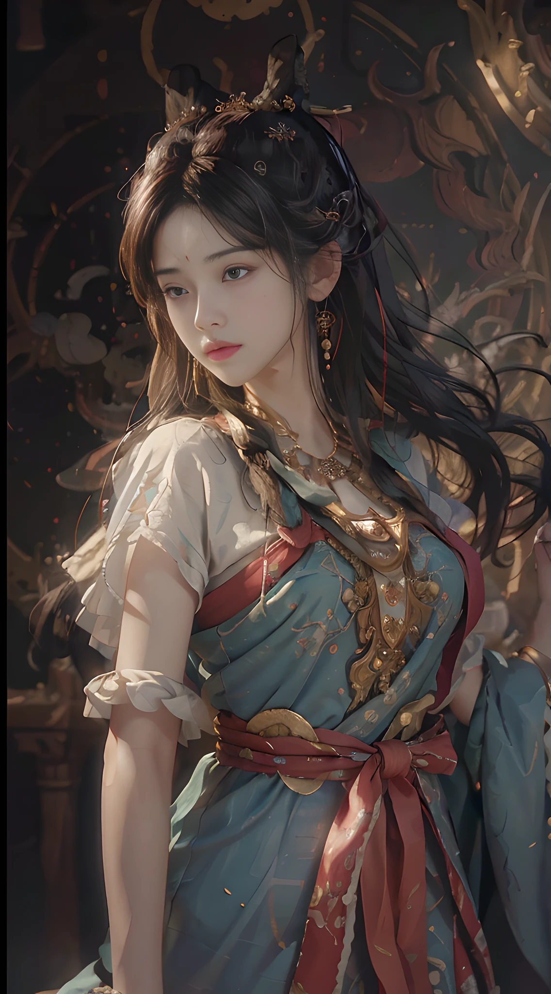 (RAW photo, best quality), (realistic, photo-realistic:1.3),best quality,highly detailed,masterpiece,ultra-detailed,illustration,1girl,upper_body,dynamic angle,world masterpiece theater,messy_long_hair,best quality,extremely detailed CG unity 8k wallpaper,ink,Amazing,cinematic lighting,lens_flare, dunhuang_style
