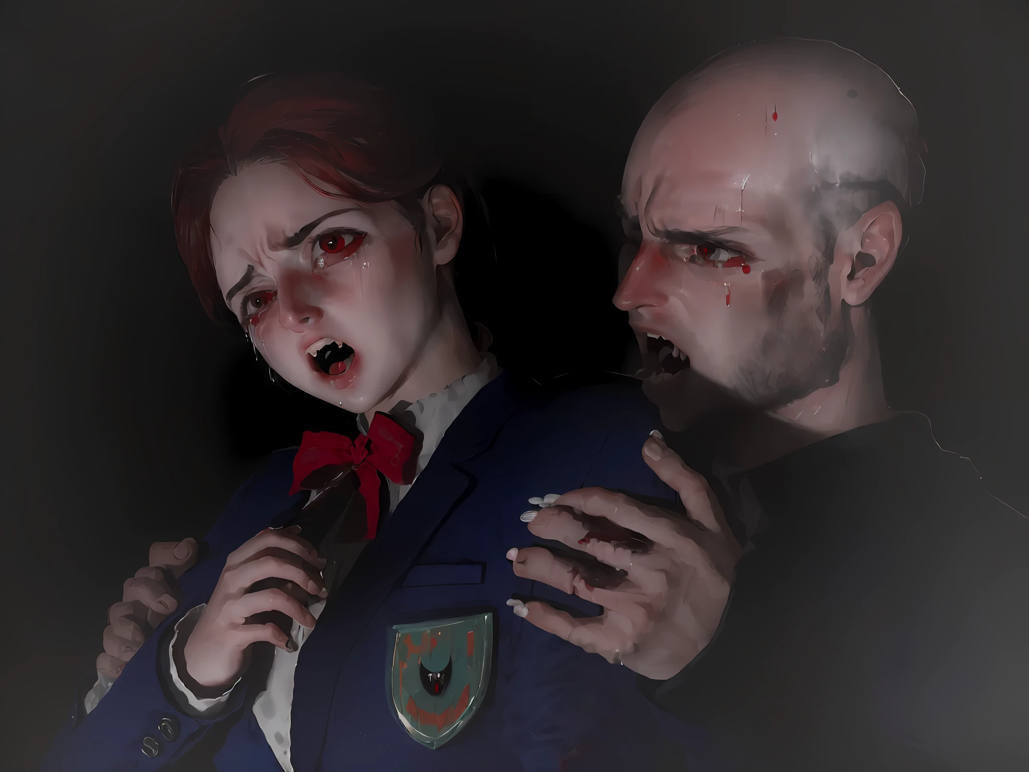 ((27 years old, open eyes)), (8K, top quality, masterpiece: 1.2), (red eyes)), (very desperate expression, red eyes, very frightened), ((tears, distressed face, bitterly crying face, sharp long vampire fangs in open mouth))