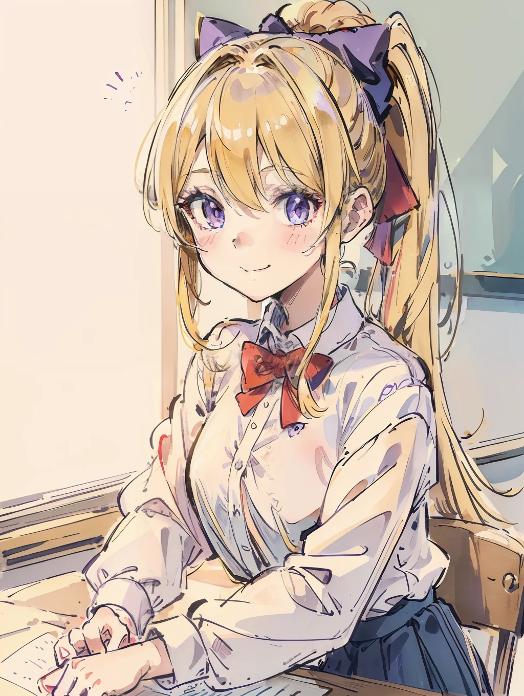 Two-dimensional, girly, gentle, yellow hair, hair between eyes, high ponytail, purple eyes, big round eyes, cute, white shirt top, red bow tie, blue strap skirt, smile, classroom