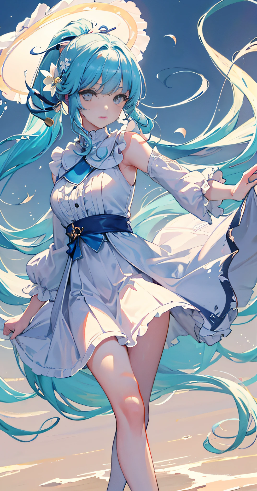 (masterpiece), (best quality), (ultra detailed),(disheed hair),(illustration), (1girl), (Fashionable clothing), standing, Fashion model, looking at viewer, (interview), (simple background), beautiful and delicate eyes, delicate beauty, floating, (high saturation), (colorful splash), colorful bubbles, (shine), slender legs, focused face, ponytail, Ayaka Kamisato, light blue hair, bangs, hair ring, floating flowers, flowing hair, (shiny), best lighting, best shadow,