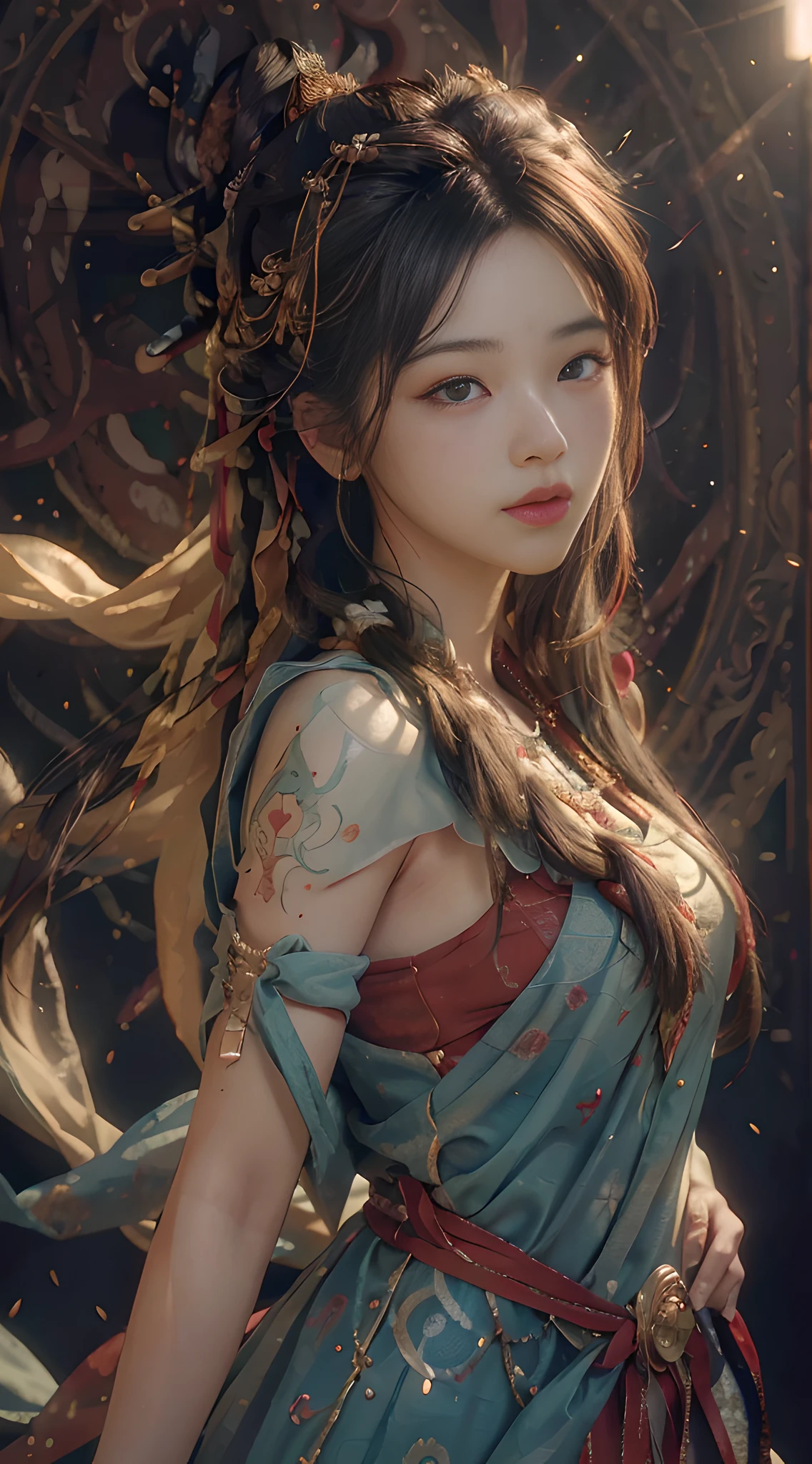 (RAW photo, best quality), (realistic, photo-realistic:1.3),best quality,highly detailed,masterpiece,ultra-detailed,illustration,1girl,upper_body,dynamic angle,world masterpiece theater,messy_long_hair,best quality,extremely detailed CG unity 8k wallpaper,ink,Amazing,cinematic lighting,lens_flare, dunhuang_style