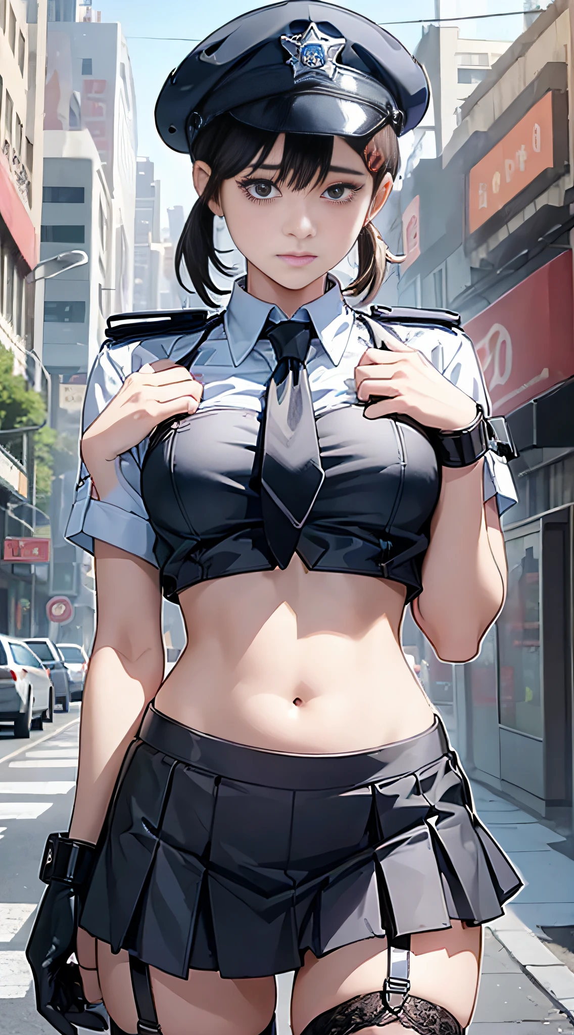 ((masterpiece:1.3)), 1girl solo, eye focus, ((1girl)), ((solo)), mature, cowboy_shot, beautiful detailed eyes, expressive eyes, pretty eyelashes, ((shiny eyes)), (((glossy eyes))), reflective eyes, sparkly eyes, sparkles in eyes, 1girl, annoyed, police_uniform, police, handcuffs, holding handcuffs, policewoman, ((contrapposto:1.3)) ,uniform, cuffs, police_hat, gloves, solo, thighhighs, fishnet_thighhighs, hat, necktie, skirt, breasts, blush, black_gloves, blonde_hair, short hair, blunt bangs, bangs, single_thighhigh, belt, garter_straps, underwear, short_hair,  black_necktie, panties, midriff, fishnets, looking_at_viewer, navel, blue_skirt, large_breasts, crop_top, blue_shirt, highleg_panties, short_sleeves, shirt, blue_eyes, miniskirt, sweat, summer, sidewalk, trees, city, boulevard