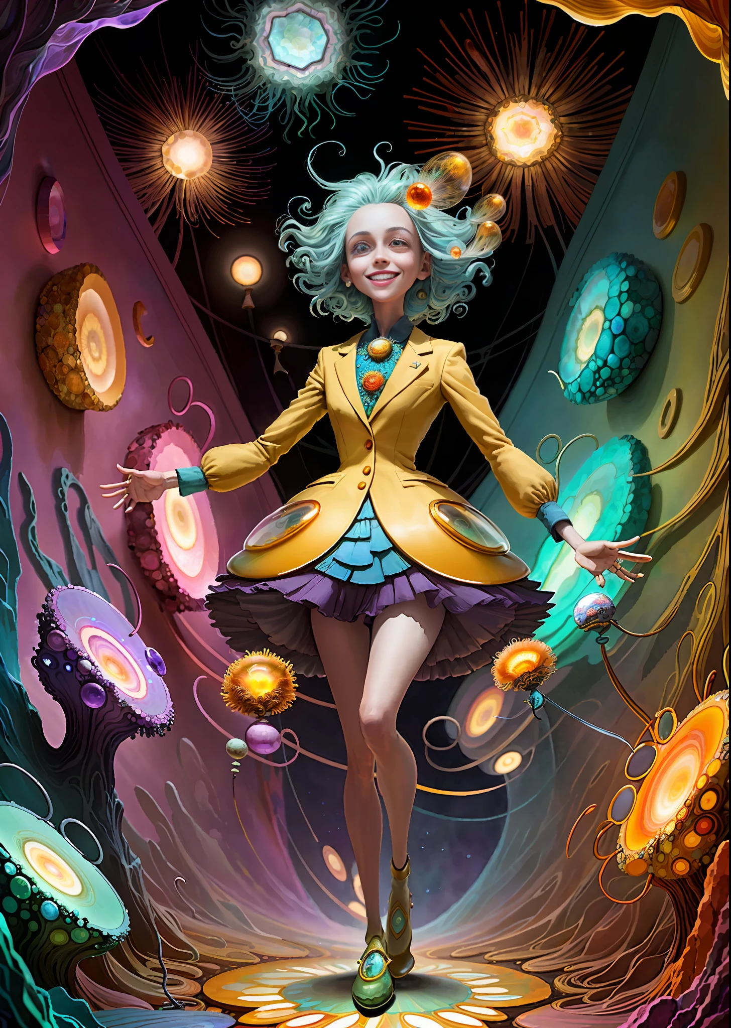 Elfin protozoa, surreal, dandelionwanderer, agate geodes, by Dan Mumford, , Dr. Seuss, WLOP, , dandelionseer, flowervirus, big eyes, **beautifully brave uplifting professional colour drawing in a delicately blended Style of Amy Brown art Daria Petrilli and Andrea Kowch, joyously uplifting and quirky and whimsical with a sense of self-discovery, smiling, confident woman utilising watercolor, inks, colored pencils, whimsical, a Woman connecting joyously with the elements of Nature, and discovering her own inner power, soft muted shades, minimalist shapes, joyously uplifting and quirky and whimsical with a sense of self-discovery, smiling, confident woman