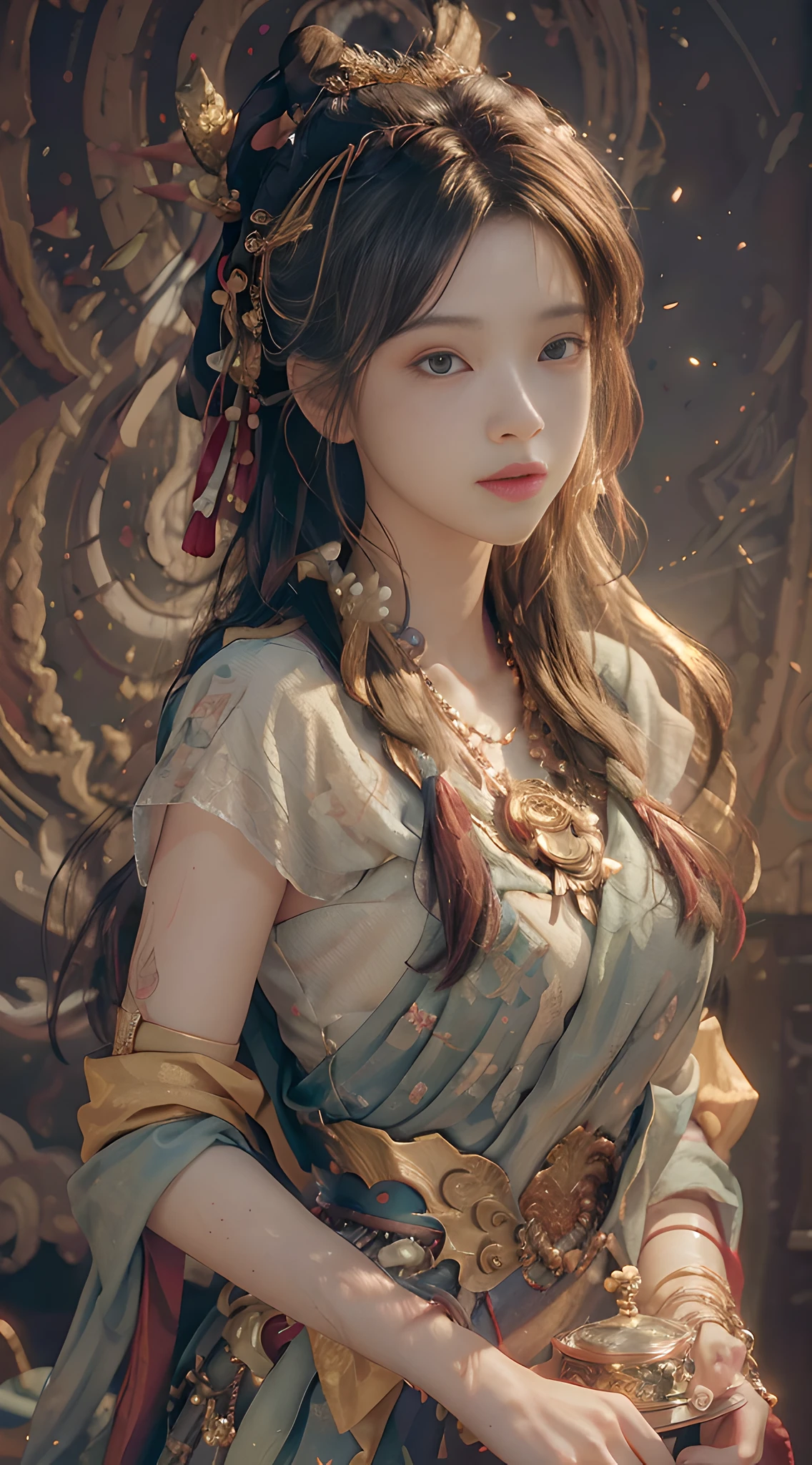 (RAW photo, best quality), (realistic, photo-realistic:1.3),best quality,highly detailed,masterpiece,ultra-detailed,illustration,1girl,upper_body,dynamic angle,world masterpiece theater,messy_long_hair,best quality,extremely detailed CG unity 8k wallpaper,ink,Amazing,cinematic lighting,lens_flare, dunhuang_style