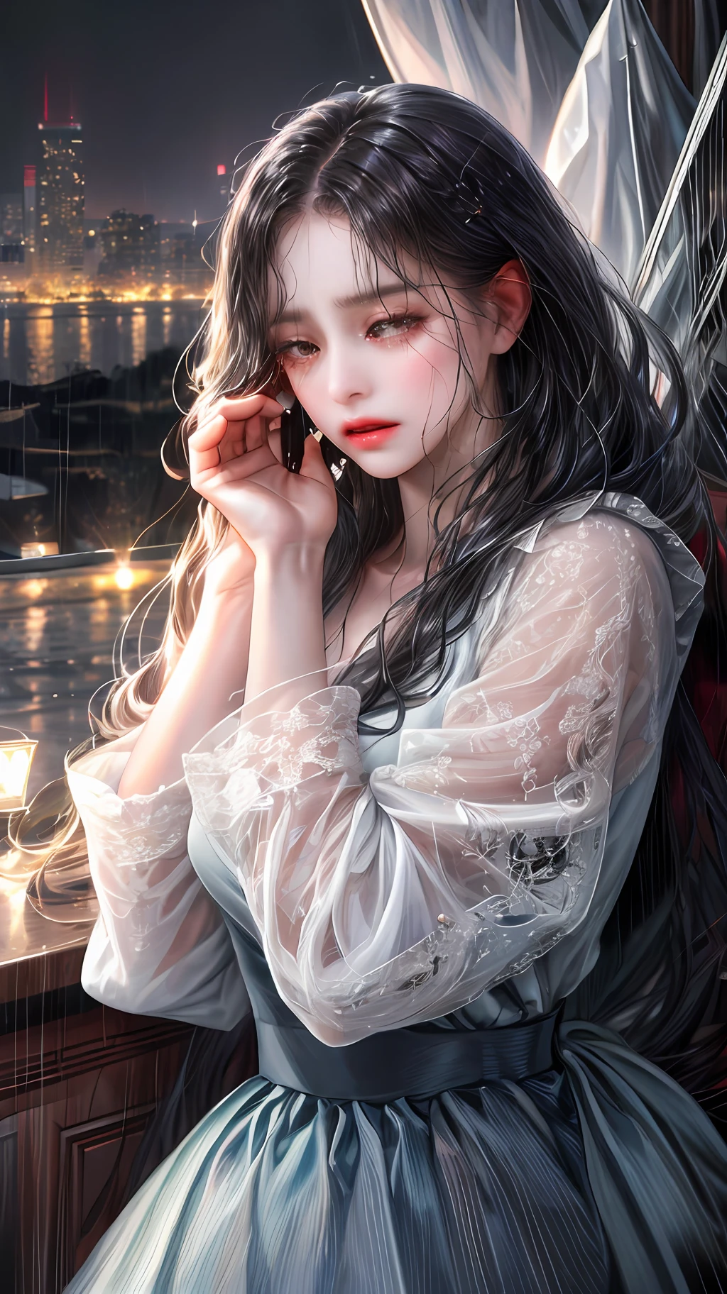 (absurd, highres, ultra detailed), 1girl, solo, mature, (very long hair, black hair, bangs: 1.4), long dress, long sleeves, colorful, highest detail, upper body, 21st century, girl of today, scenery city of korea, at night, night scenery, with many buildings and lights, she crying in the rain, really sad, her expression on her face is very painful, Completely black hair with tears down her cheeks, expression on her face really painful, very sad eyes