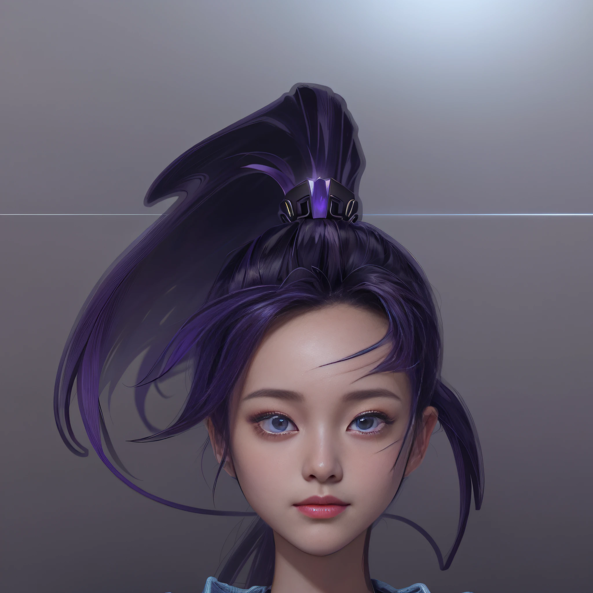 Surrealist female portrait, fantasy art, photorealism, dynamic lighting, artstation, poster, avatar, very detailed face, 4k, award-winning, 1girl, fair skin, Asian, low-key, denim photo, (formal wear: 1.4), long hair, purple pupils,