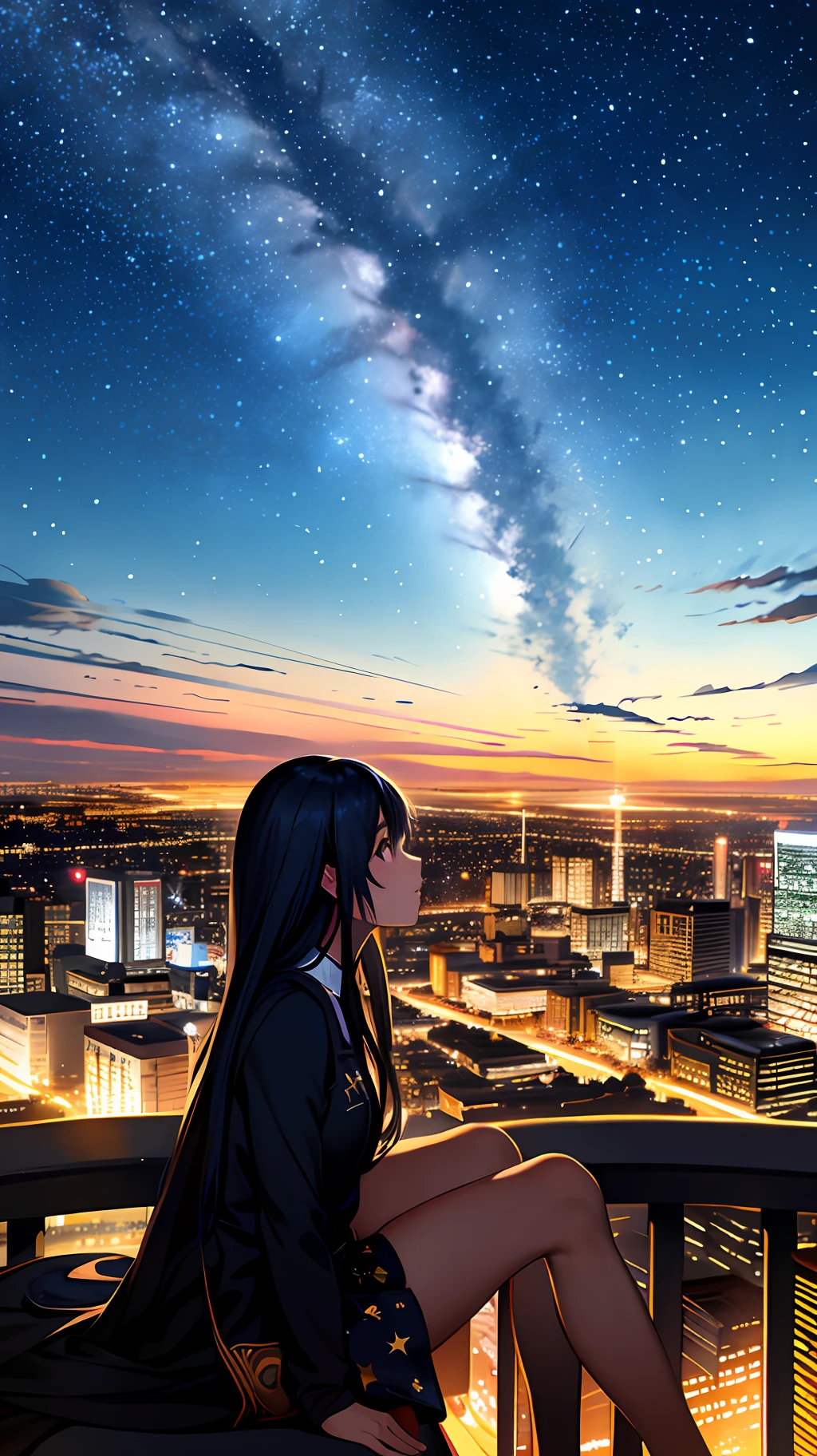 octans, sky, star (sky), scenery, starry sky, night, 1girl, night sky, solo, outdoors, building, cloud, milky way, sitting, tree, long hair, city, silhouette, cityscape
