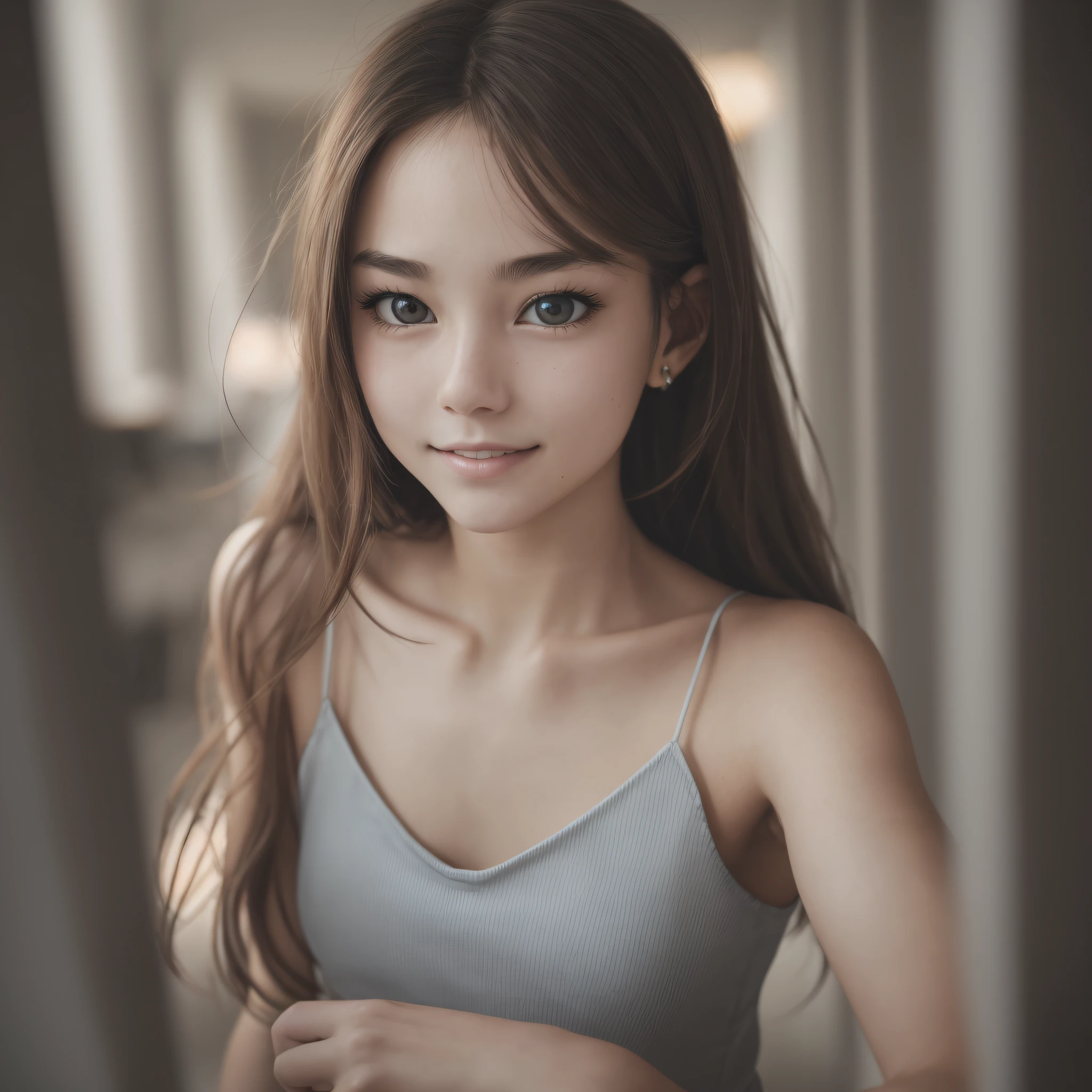 1girl, idol, model, depth of field, photo, film, face, skinny, smile, collarbone, teeth, movie, camisole, selfie, night, --auto --s2