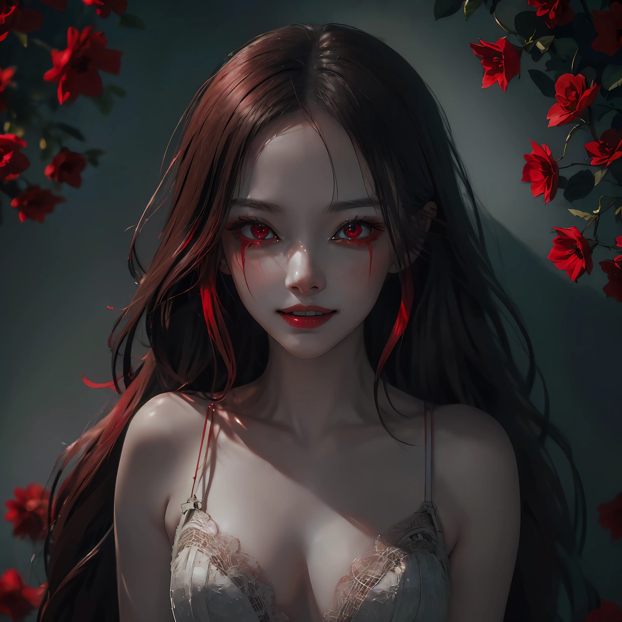 (reminiscent, captivating, and dreamy atmosphere),(malicious gaze with red eyes, porcelain skin, a mischievous smile), their decomposing face with exposed teeth, Crying blood, Red Flowers