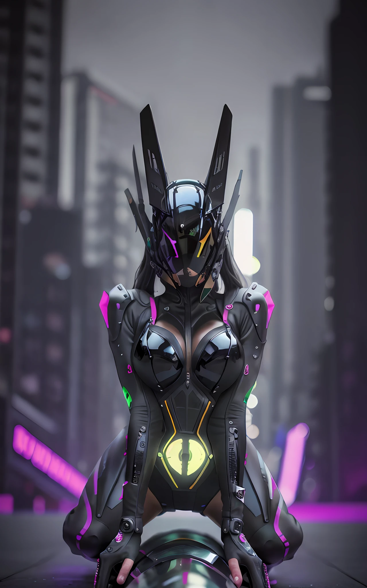 16k image, gorgeous [Woman | Batman], black tight  leather bikeroutfit on body, bikersuit, biker gloves, (huge breasts), slim body, futuristic (all closed cyber helmet) with jackal ears, faceoff, cyberpunk, lustful, seductive, leaning down, bending down, sexy pose, side view, ( on background of night neon japan city ), detailed digital art, cybernetic, detailed palms, detailed biker gloves,