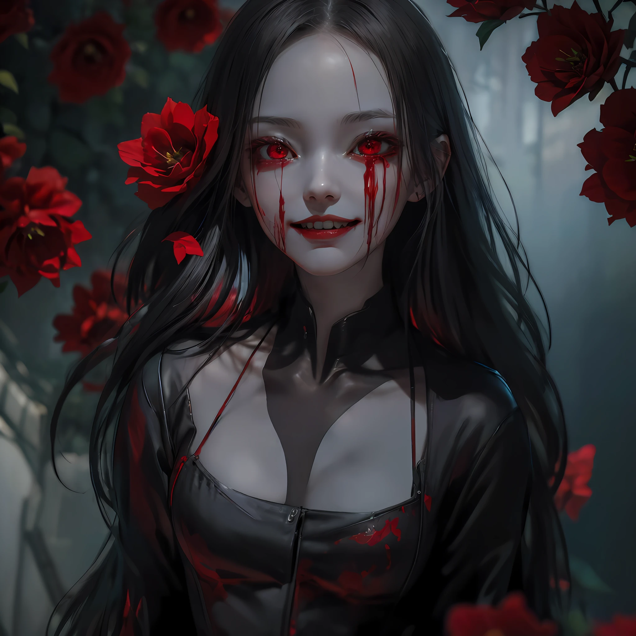 (reminiscent, captivating, and dreamy atmosphere),(malicious gaze with red eyes, porcelain skin, a mischievous smile), their decomposing face with exposed teeth, Crying blood, Red Flowers