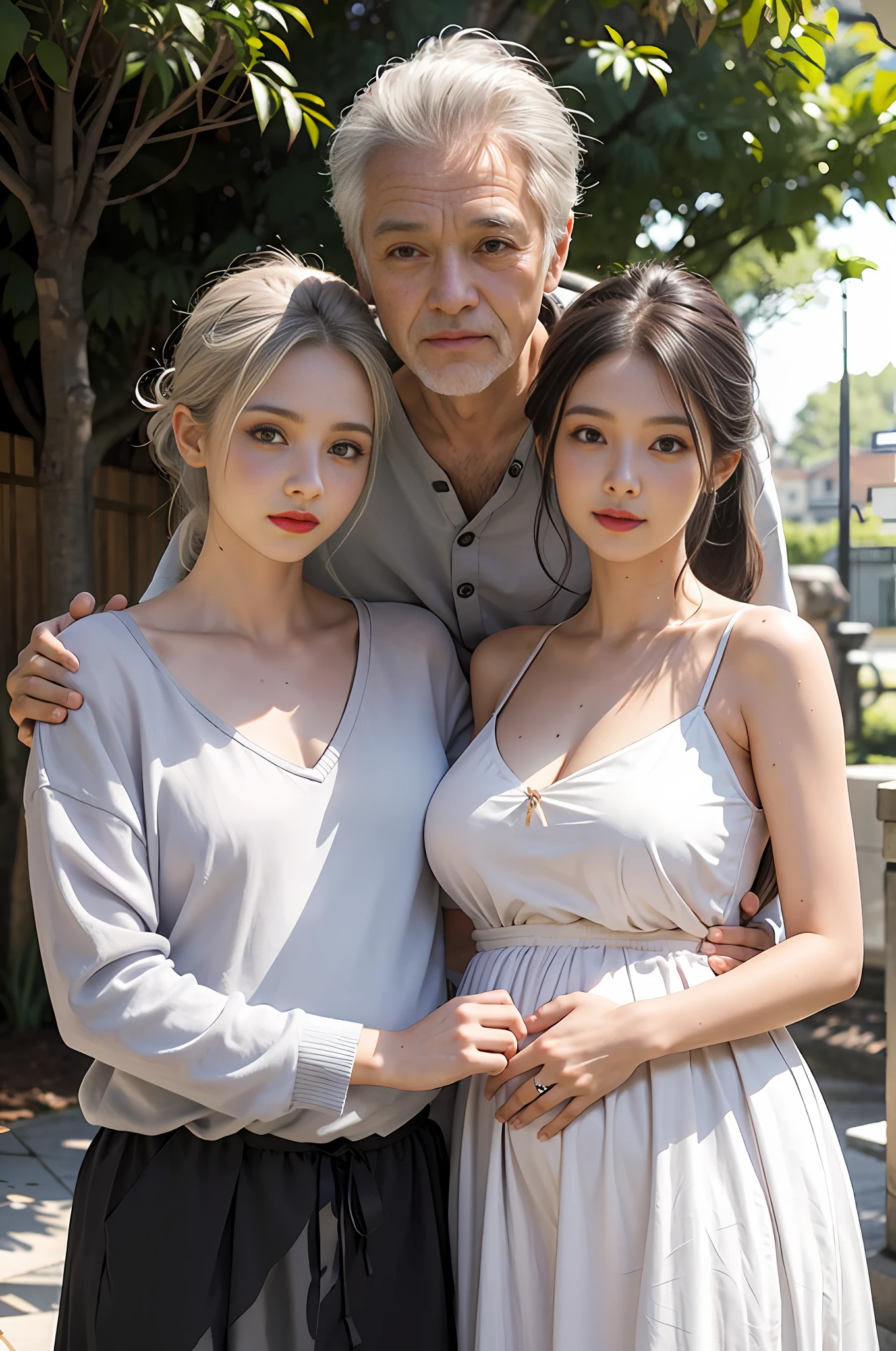 realistic, ponytail, cleft lip, blush, makeup, light smile, gray hair, wedding dress, skirt, wet clothes, glowing thighs, purple eyes, bare shoulders, collarbone, narrow waist, sunlight, wind, cleavage, (masterpiece), big breasts, low cut, areola, E cup, sweat, black old man next to him, black old man next to him, old man holding girl, girl snuggled in old man arms, old man holding girl, pregnant woman, 9 months pregnant, big belly