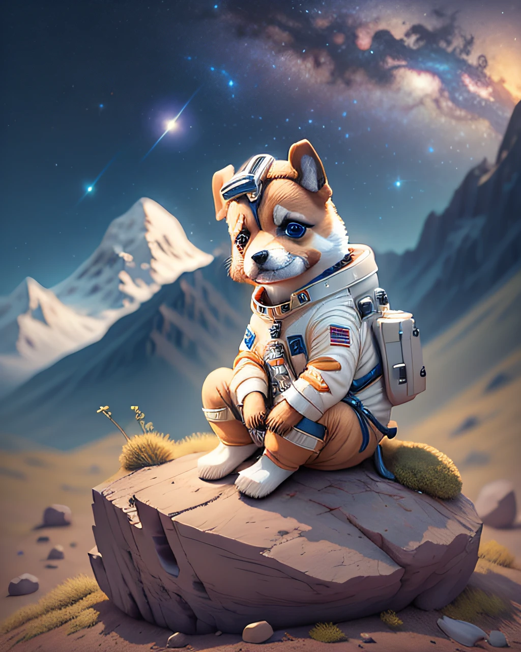 a cute dog wearing astronaut costume, sitting on a solid rock, milkyway on the background