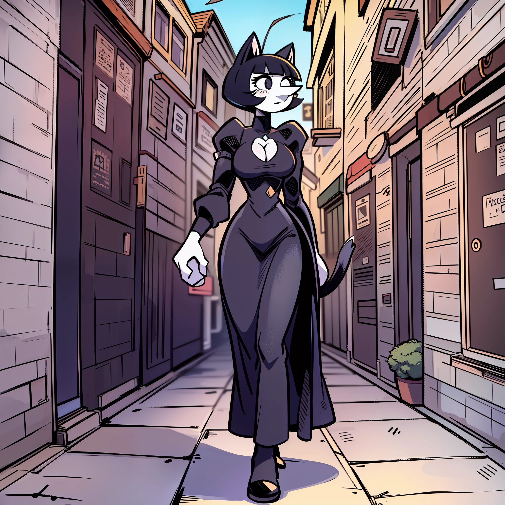 catgirl, short hair, black hair, cat ears, long nose, pale skin, long dress, black dress, victorial clothes, walking, portrait, 1character, medieval village, goth, no comic, huge breast, black eyes