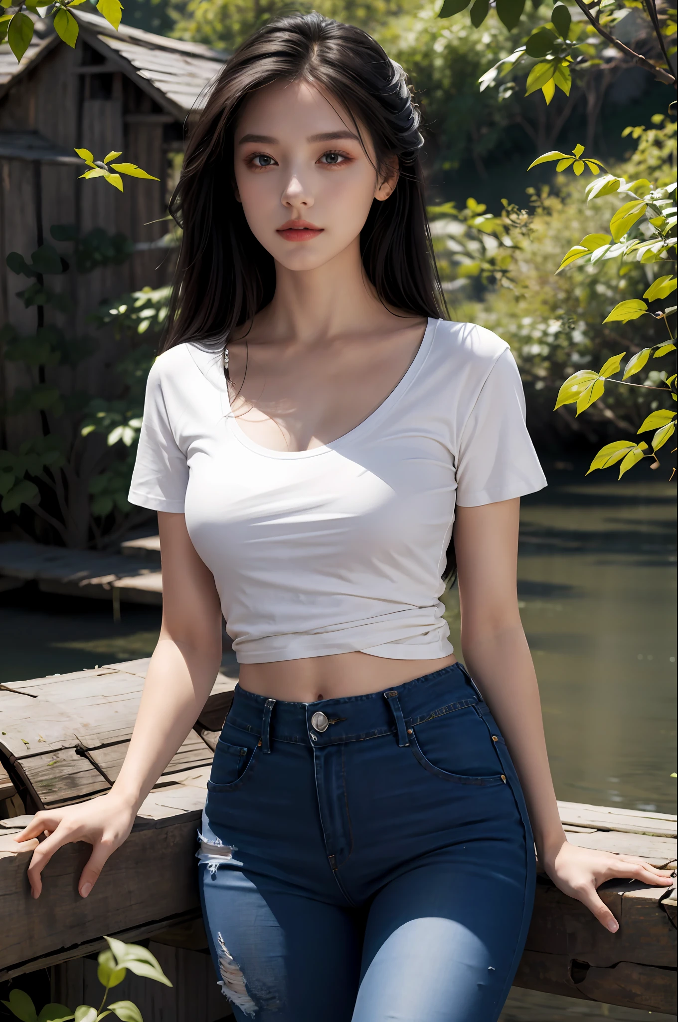 Best quality, masterpiece, super high resolution, (realistic: 1.4), original photo, 1 girl, black eyes, long hair, light makeup, lips, white t-shirt, jeans, beauty with perfect figure: 1.4, , rural idyllic background