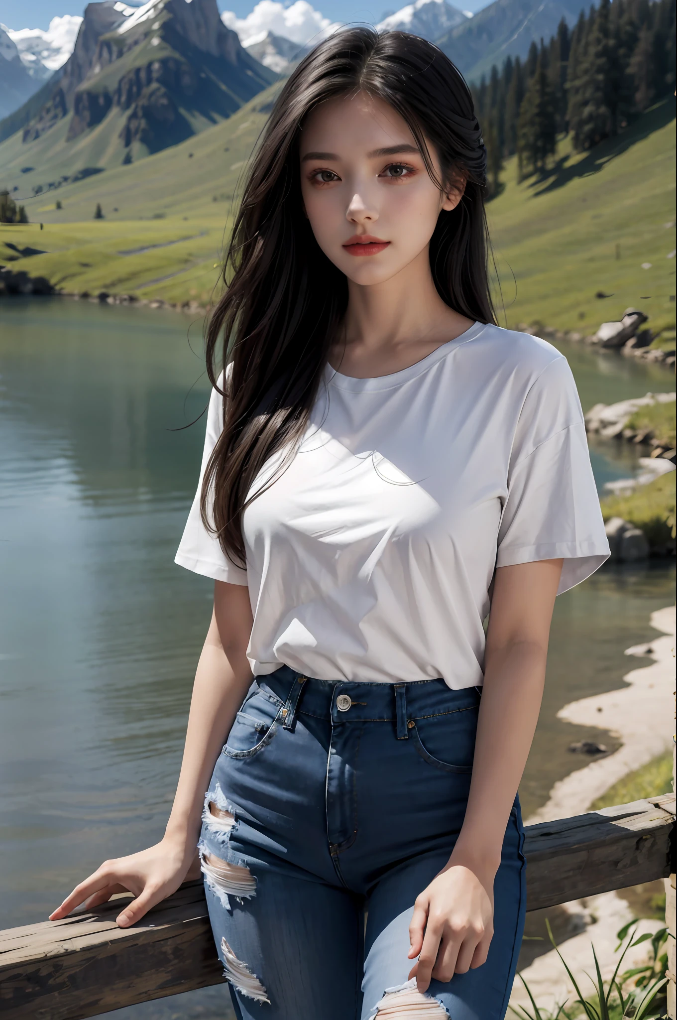 Best quality, masterpiece, super high resolution, (realistic: 1.4), original photo, 1 girl, black eyes, long hair, light makeup, lips, white t-shirt, jeans, beauty with perfect figure: 1.4, , rural idyllic background