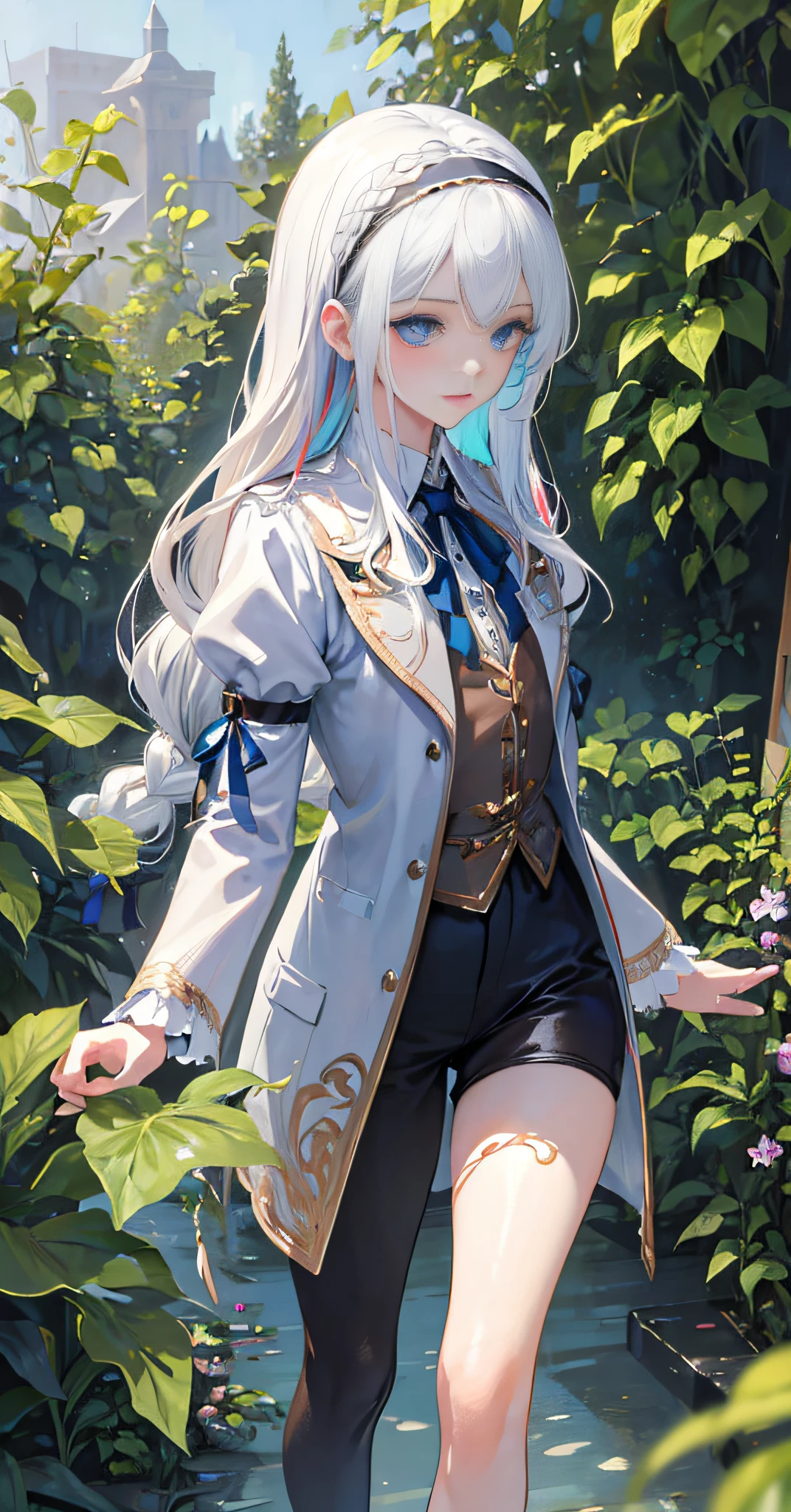 (Masterpiece, Best Quality), (1 girl with long white hair, beautiful blue eyes, headband, collared shirt,, slender legs, standing, standing, french braids, plants), (multicolored_hair:1.2),blue_hair|(white_hair:1.3), long_hair, petite, cute, outdoor, steampunk, (underwater: 1.2), (fantasy, zero gravity, ), volumetric lighting, delicate eyes, super detailed, highly detailed, beautiful, small details, best quality, intricate, surreal, sharp, digital illustration, detailed, realism, intricate, 4k, 8k, trend in artstation, good anatomy, beautiful lighting, award-winning, realistic, realistic shadows, realistic lighting, beautiful lighting, ray tracing, intricate details, rule of thirds, masterpiece, high resolution, (very detailed CG, unified, 8k wallpaper:1.1), beautiful face, highly detailed face, ultra-realistic, masterpiece, bokeh, very detailed, intricate, zoomed, colorful, vivid colors, perspective, backlight, detailed background