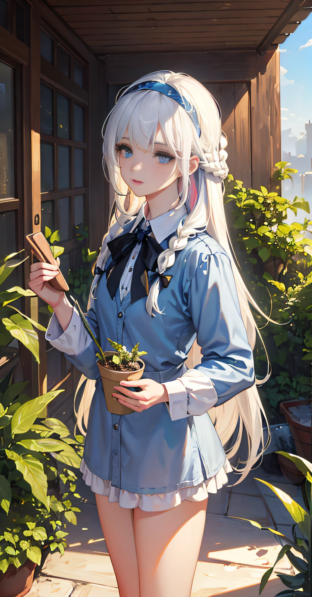 (Masterpiece, Best Quality), (1 girl with long white hair, beautiful blue eyes, headband, collared shirt,, slender legs, standing, standing, french braids, plants), (multicolored_hair:1.2),blue_hair|(white_hair:1.3), long_hair, petite, cute, outdoor, steampunk, (underwater: 1.2), (fantasy, zero gravity, ), volumetric lighting, delicate eyes, super detailed, highly detailed, beautiful, small details, best quality, intricate, surreal, sharp, digital illustration, detailed, realism, intricate, 4k, 8k, trend in artstation, good anatomy, beautiful lighting, award-winning, realistic, realistic shadows, realistic lighting, beautiful lighting, ray tracing, intricate details, rule of thirds, masterpiece, high resolution, (very detailed CG, unified, 8k wallpaper:1.1), beautiful face, highly detailed face, ultra-realistic, masterpiece, bokeh, very detailed, intricate, zoomed, colorful, vivid colors, perspective, backlight, detailed background