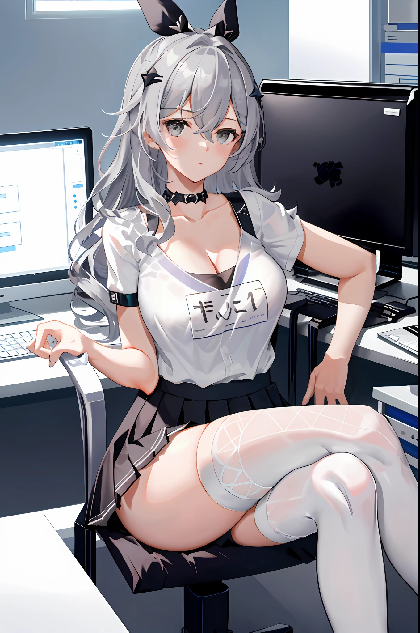 Silver wolf, honkai star rail, 1girl, solo, ((white shirt)), black thighhighs, breasts, cleavage, uniform, office background, black skirt, pleated skirt, office, hair between eyes, hair ornament, large breasts, long hair, looking at viewer, silver short nails, grey eyes, solo, thighhighs, thighs, ((masterpiece)), sitting, chair, desk, computer on desk, name tag, id tag, indoor, blush, sexy pose, hands behind, ((office top)),