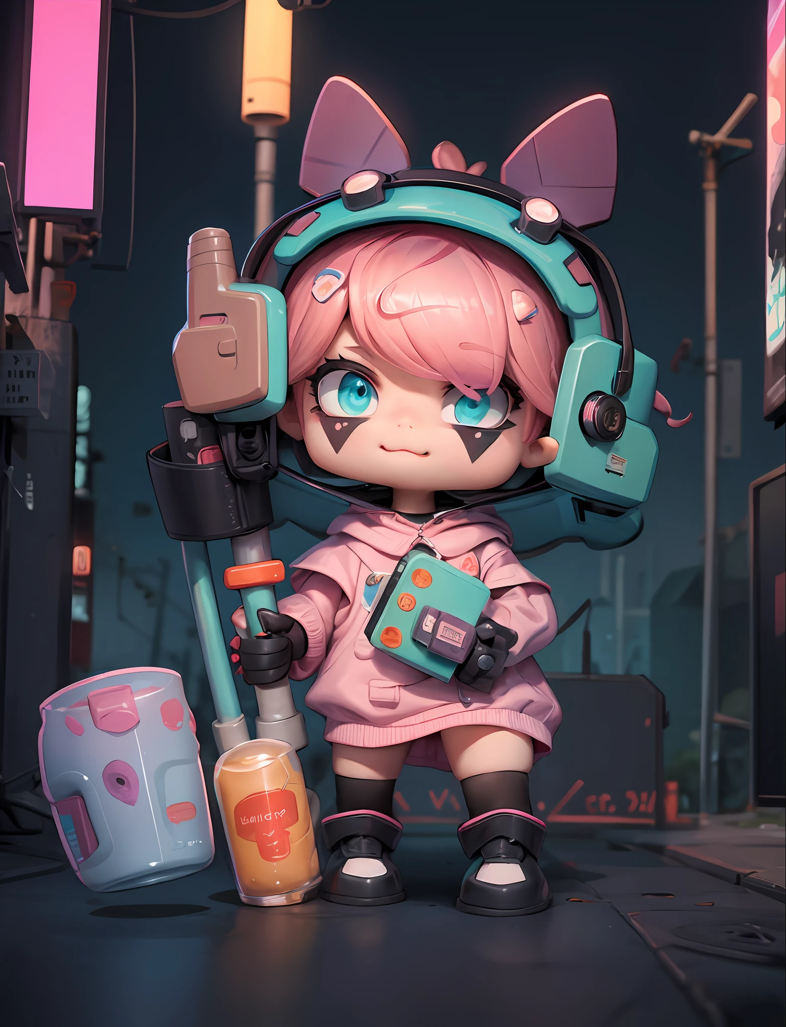 Masterpiece, top quality, official art, 8k wallpaper, RAWE extreme detail, illustration, 1 girl, cute, pink hair, cyberpunk, hd, street at night, sky blue coat, colorful colors,