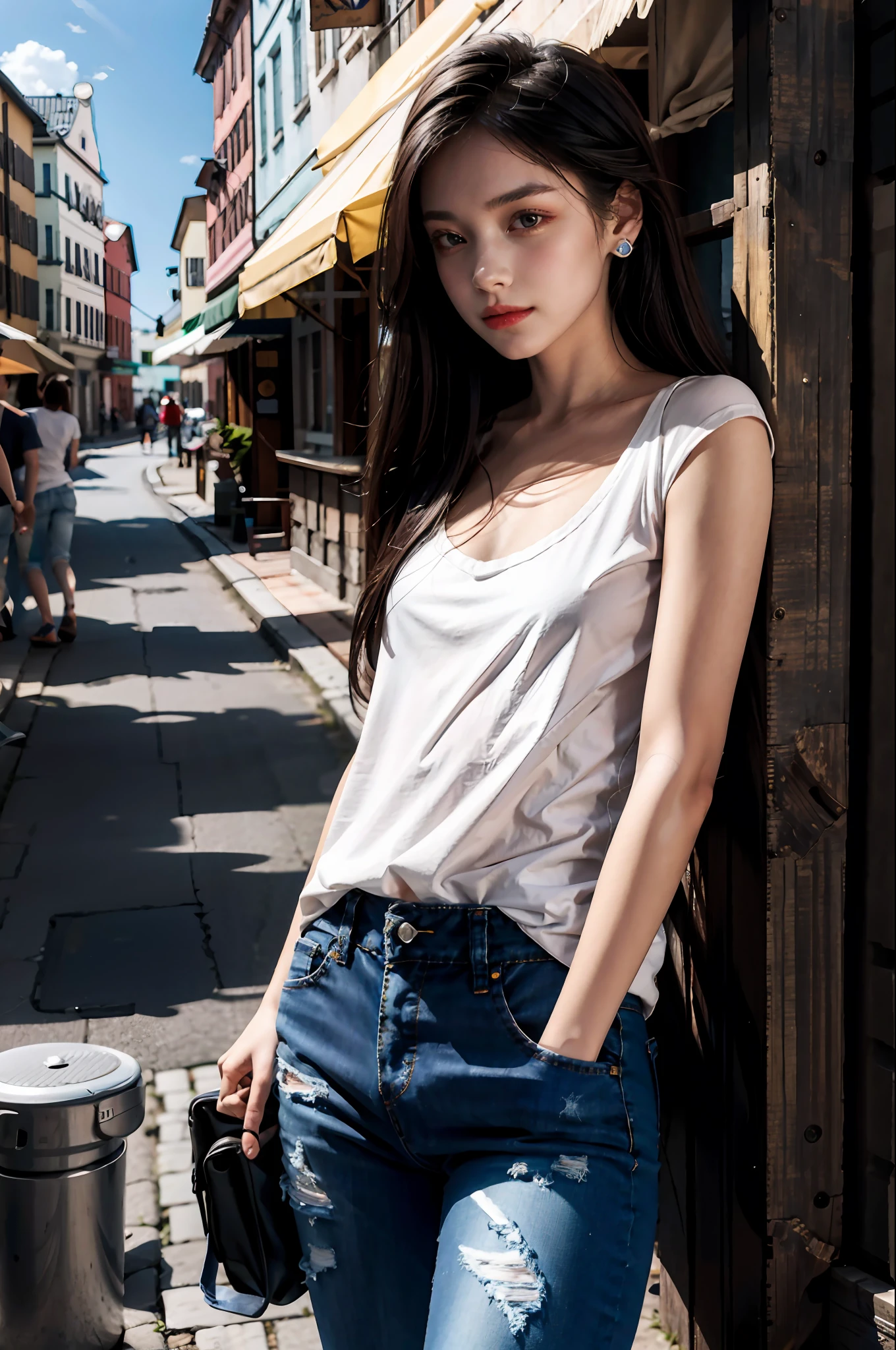 Best Quality, Masterpiece, Ultra High Resolution, (Realistic: 1.4), Original Photo, (Evening Street), Two People, 1 Girl, Black Eyes, Long Hair, Light Makeup, Lips, Small Ears, White T-Shirt, Jeans, Beautiful Women in Perfect Shape: 1.4, (Outdoor, Seaside: 1.1), City Street, Super Fine Face, Fine Eyes, Full Body: 1.9