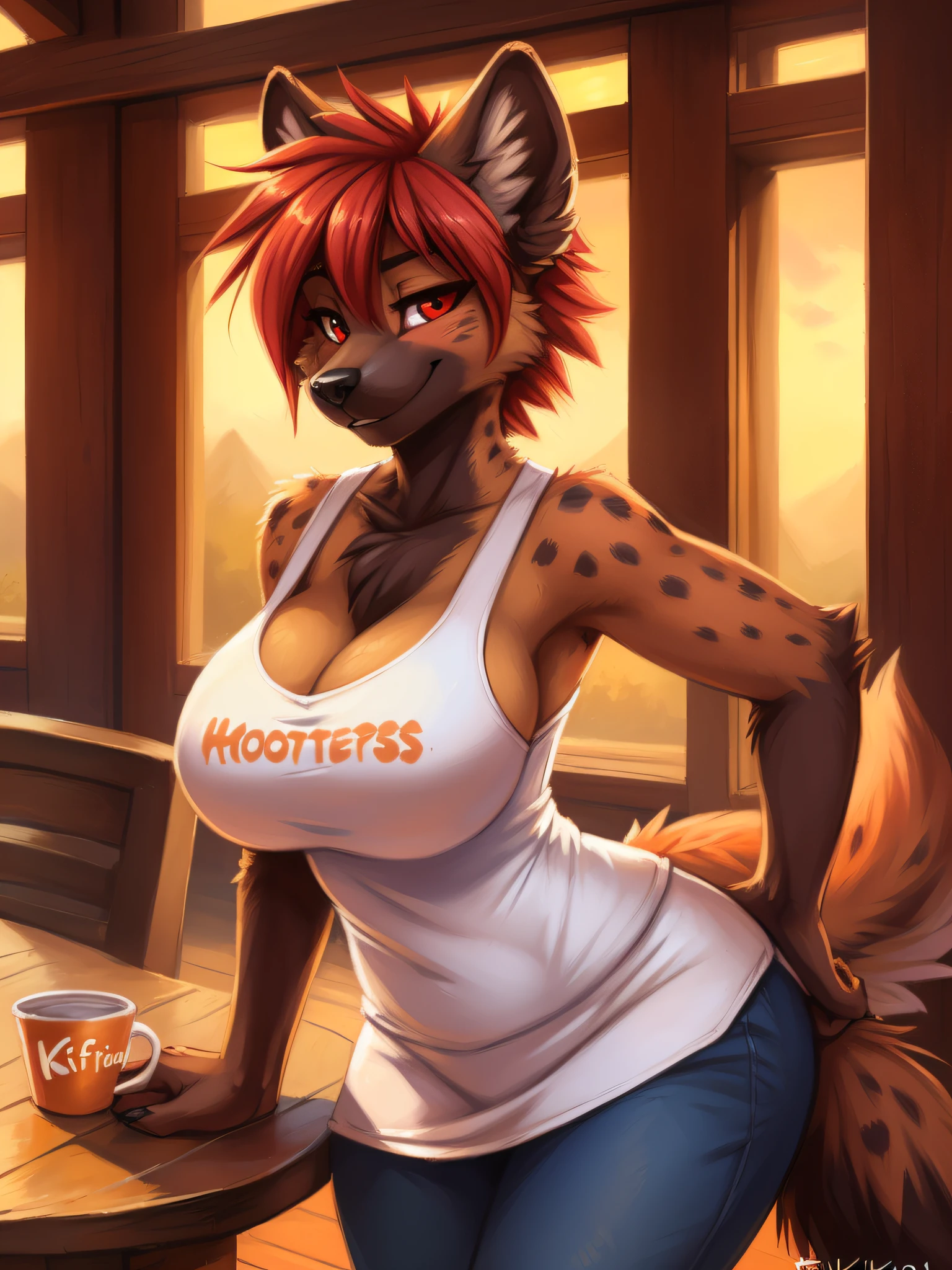 by fluff-kevlar, by Zackary911, by Kenket, by Kilinah, by fluff-kevlar, (masterpiece), (best quality), (anthro furry:1.3, snout:1.2, anthro:1.3, furry:1.2, solo female:1.2), (voluptuous figure), (big breasts), (big thighs), fully clothed, solo, hooters waitress, hooters clothing, wotking at hooters (seductive expression, perfect posture, blushing) hooters restaurant background, short hair, red hair, hyena, pastel red eyes,