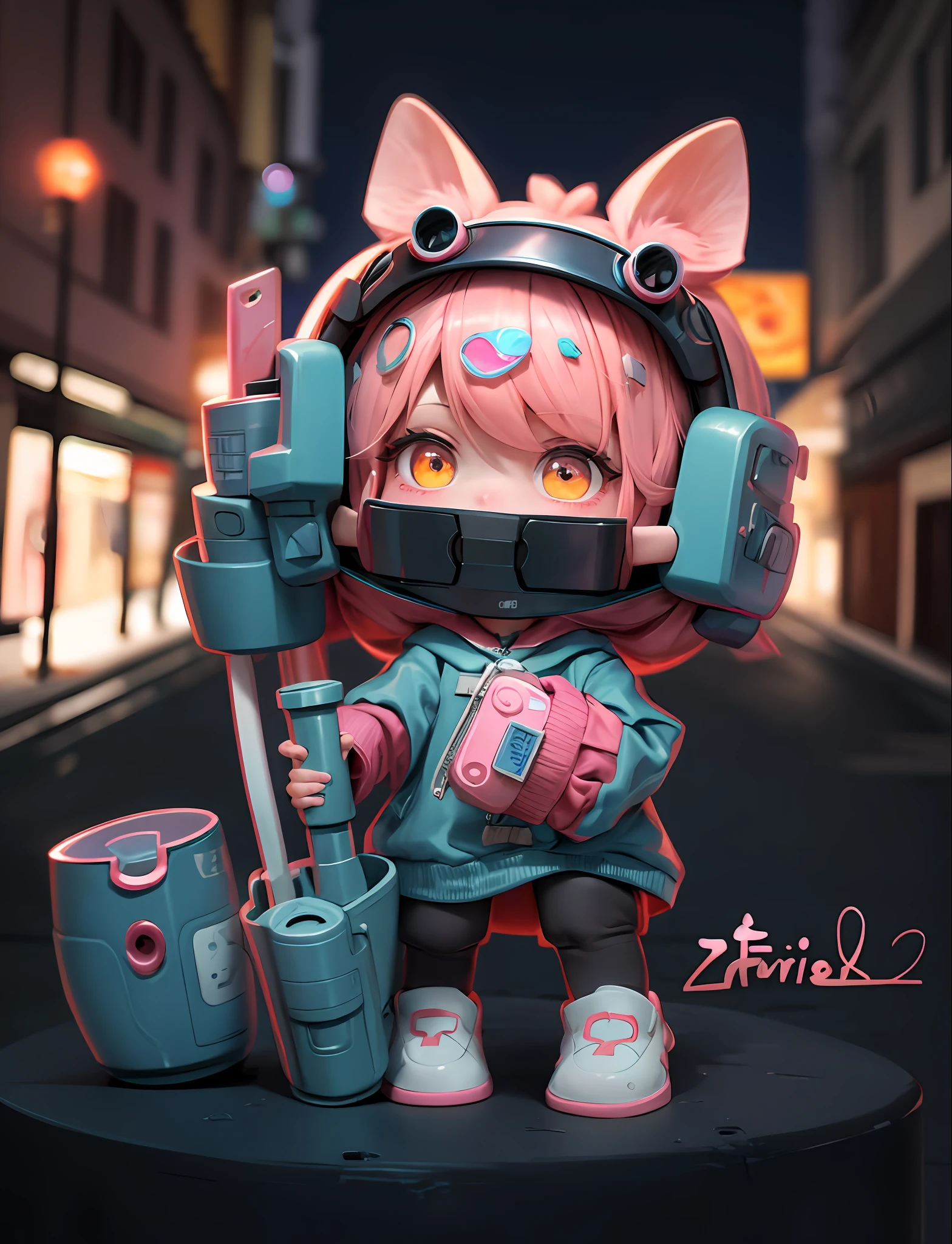 Masterpiece, top quality, official art, 8k wallpaper, RAWE extreme detail, illustration, 1 girl, cute, pink hair, cyberpunk, hd, street at night, sky blue coat, colorful colors,