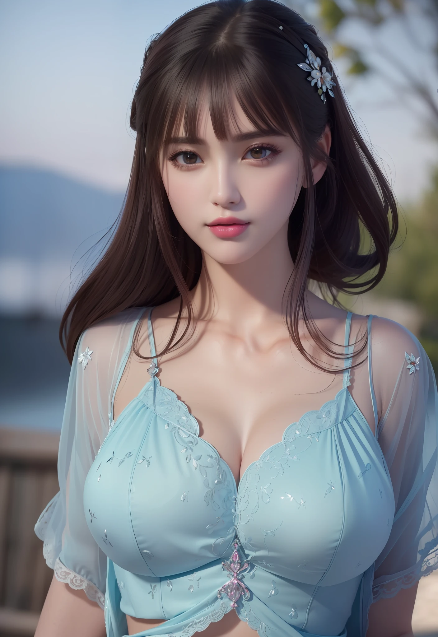 (masterpiece, best quality, extremely detailed 8k, ultra hd, ultra-detailed, highly detailed, highly realistic, ultra-realistic, photo realistic), (1girl:1.5), (detailed realistic skin), (realistic big breasts), (pink lipstick), slender abs,