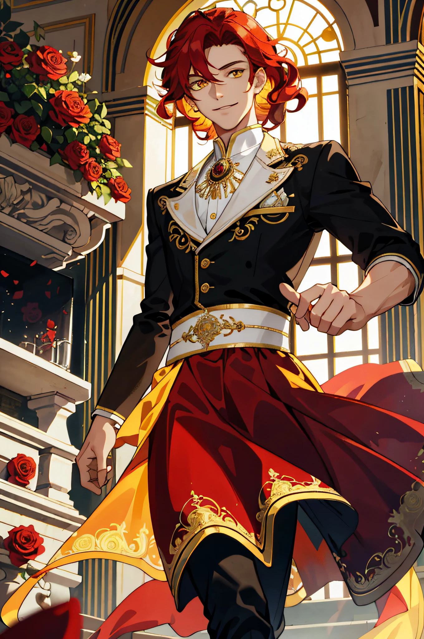 Masterpiece, best quality, 1 male, teenager, delicate eyes, intricate details, rich movements, delicate skirt, long red curls, yellow eyes, smile, sunlight, roses, flames, best light and shadow