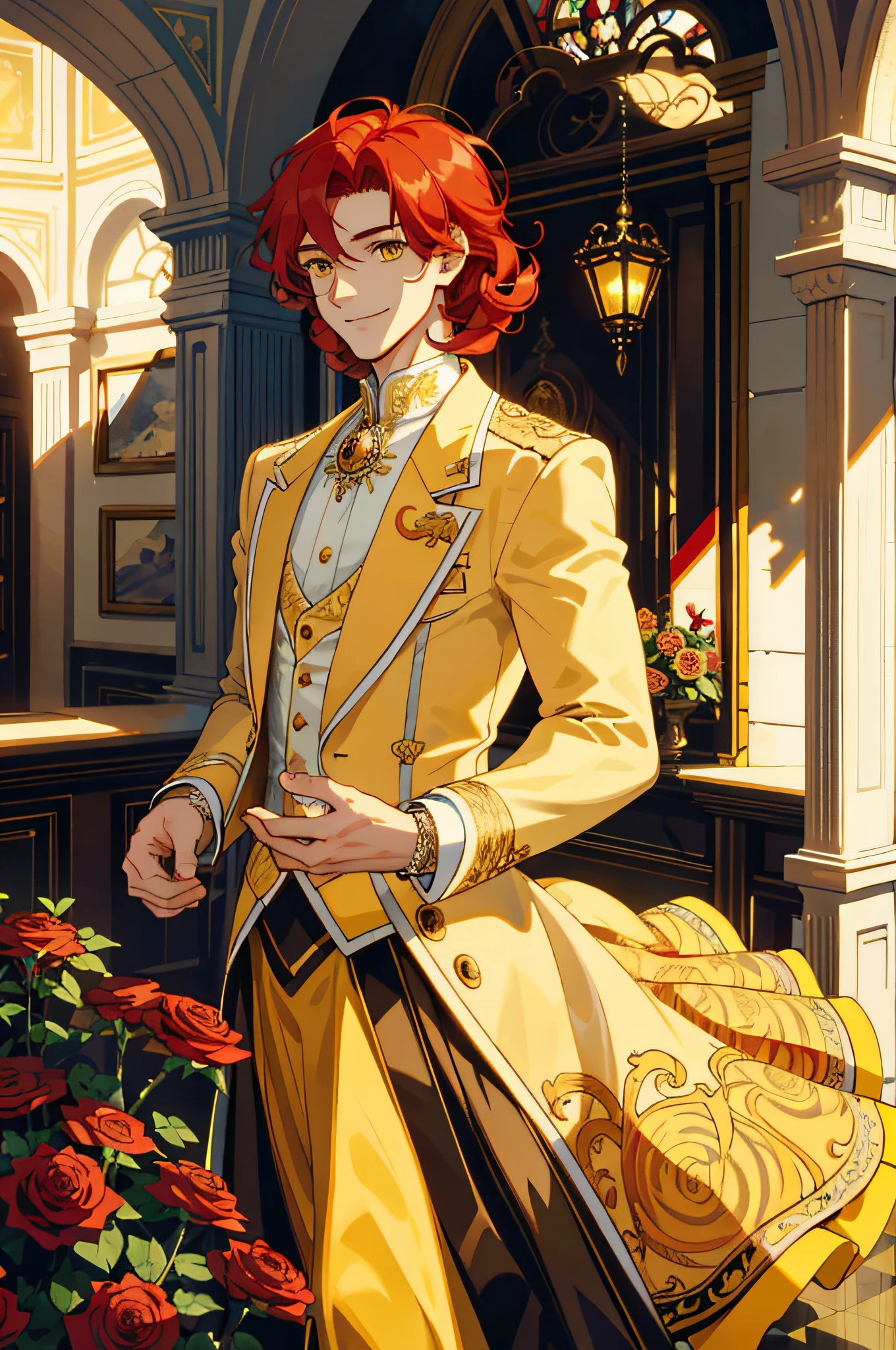 Masterpiece, best quality, 1 male, ager, delicate eyes, intricate details, rich movements, delicate skirt, long red curls, yellow eyes, smile, gentle smile, sunlight, roses, flames, best light and shadow
