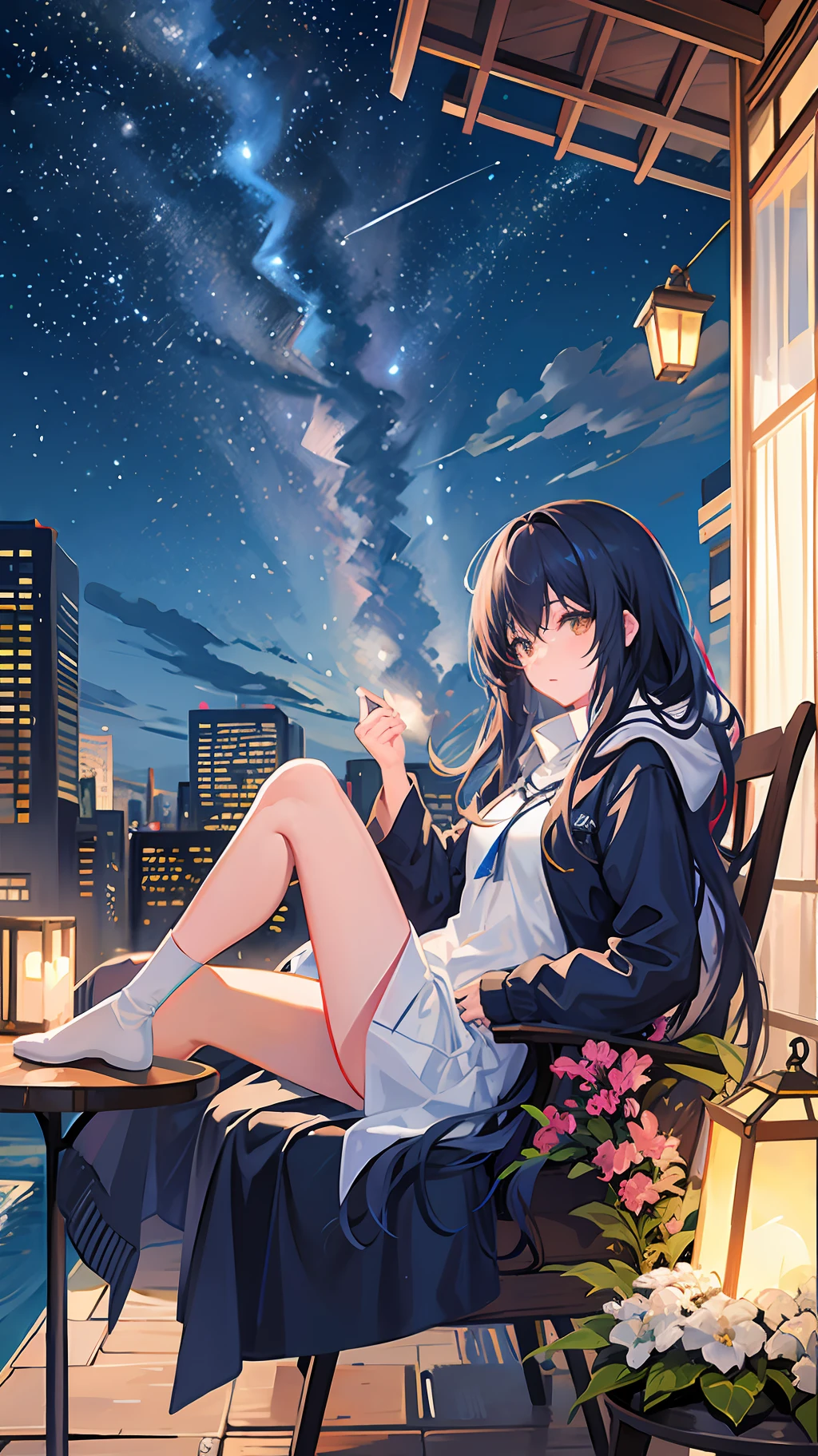 octans, sky, star (sky), scenery, starry sky, night, 1girl, night sky, solo, outdoors, building, cloud, milky way, sitting, tree, long hair, city, silhouette, cityscape