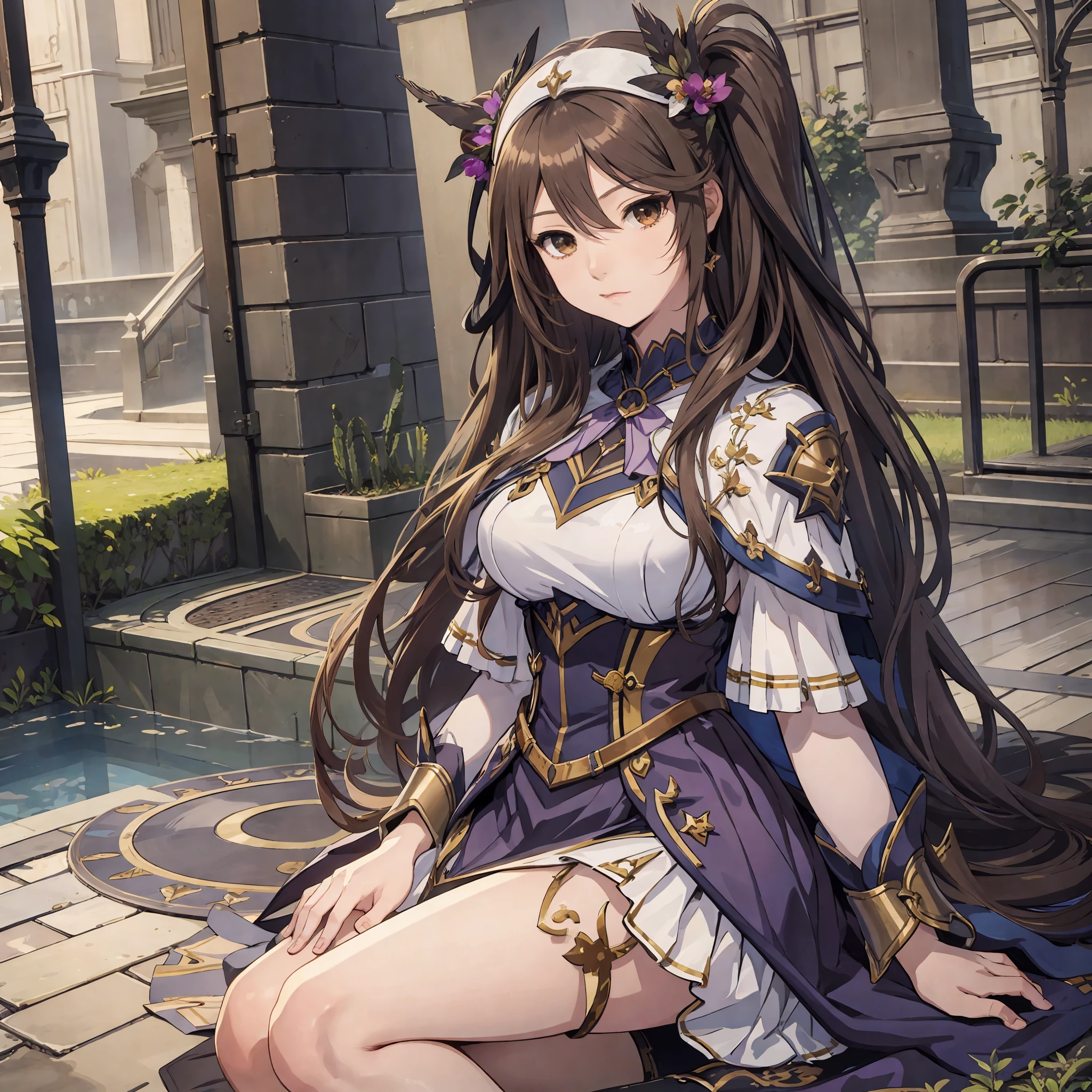 masterpiece, best quality, 1woman, adult, female focus, solo, brown hair, twintail hair, vibrant brown eyes, looking at viewer, High quality metal texture, closed mouth, bangs, high collar,(kbxll:0.6), Fantasy aesthetics, Highly detailed, shadowverse style, full body, goddess