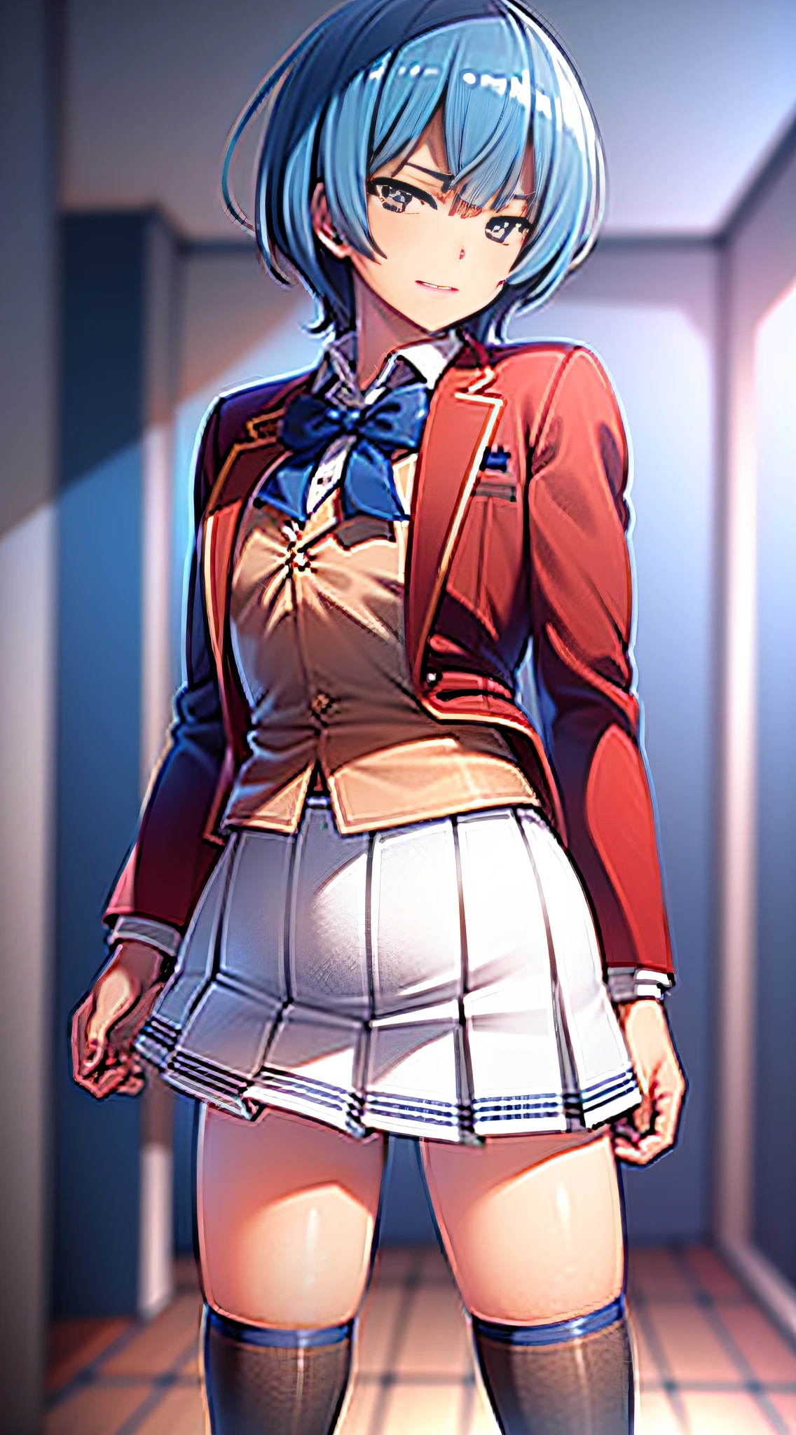 masterpiece, best quality, highres, 1girl ibuki mio short hair blue hair, white skirt red jacket open jacket smile, standing, indoors, from behind