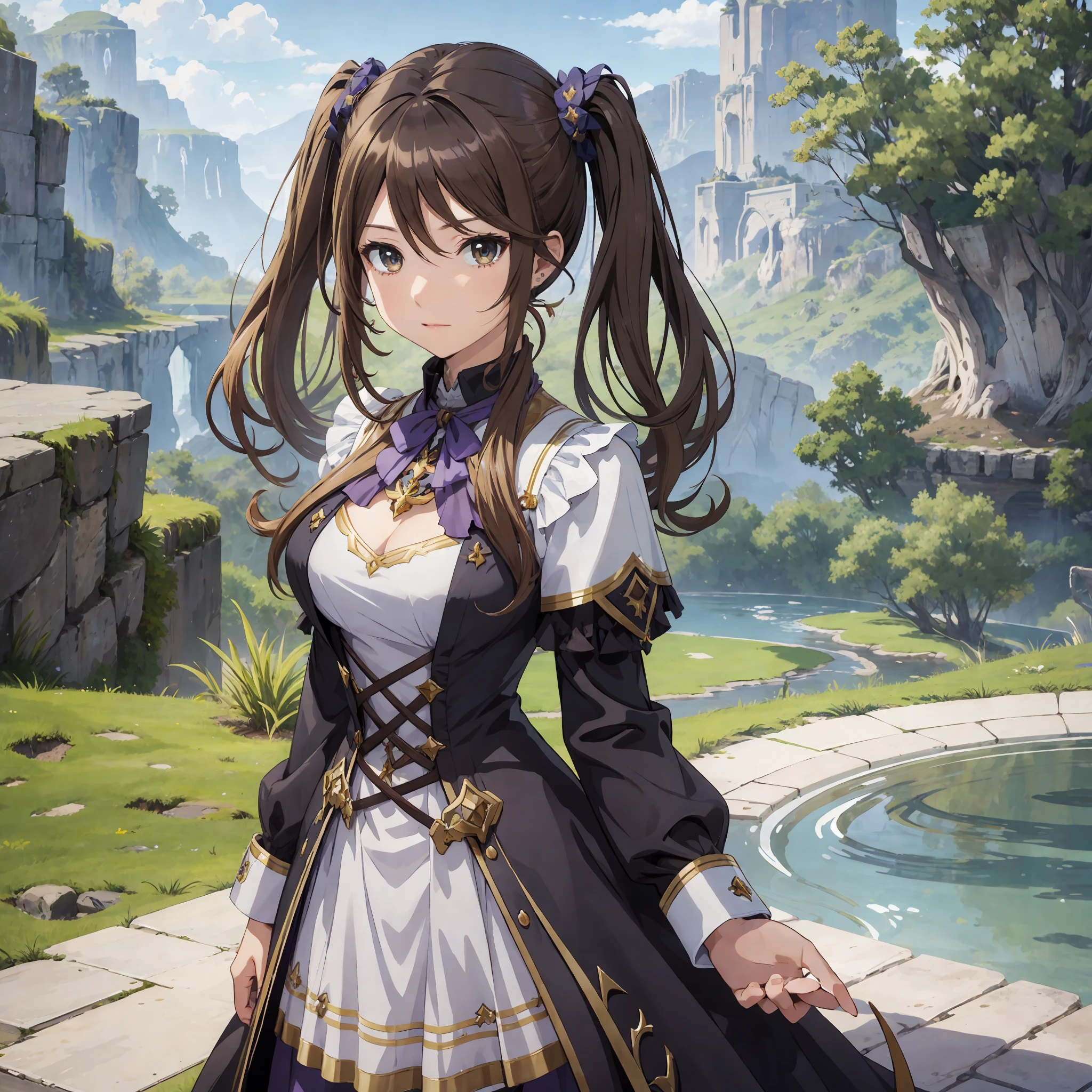 masterpiece, best quality, 1woman, adult, female focus, solo, brown hair, twintail hair, vibrant brown eyes, looking at viewer, High quality metal texture, closed mouth, bangs, high collar,(kbxll:0.6), Fantasy aesthetics, Highly detailed, shadowverse style, full body, goddess