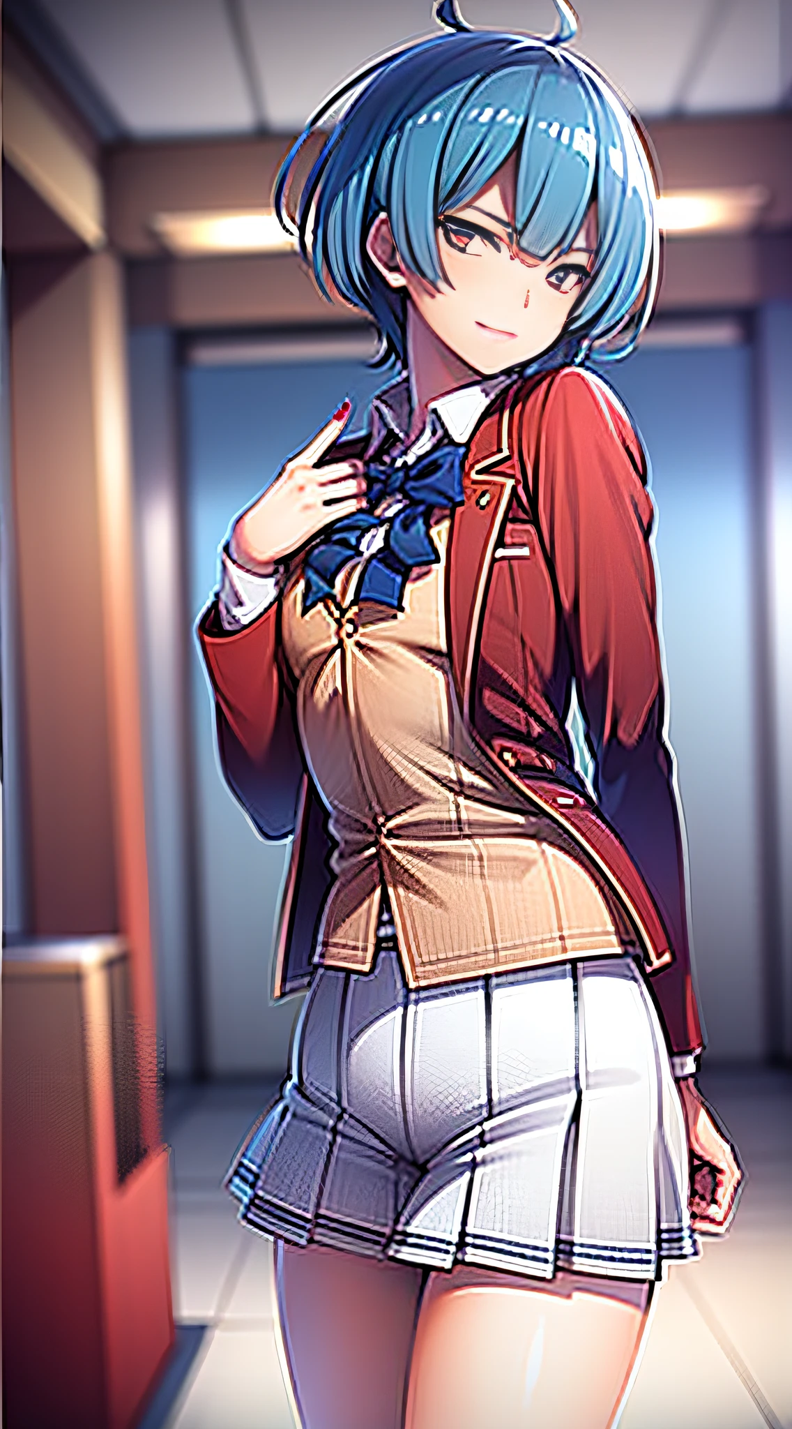 masterpiece, best quality, highres, 1girl ibuki mio short hair blue hair, white skirt red jacket open jacket smile, standing, indoors, from behind