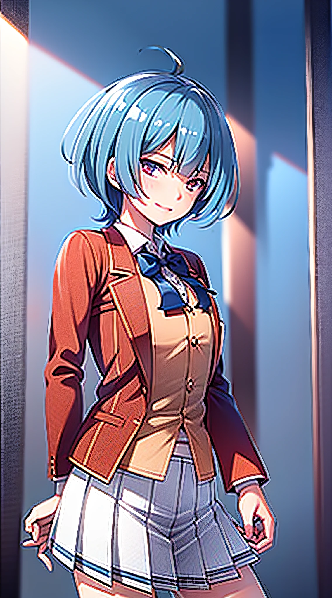 masterpiece, best quality, highres, 1girl ibuki mio short hair blue hair, white skirt red jacket open jacket smile, standing, indoors, from behind